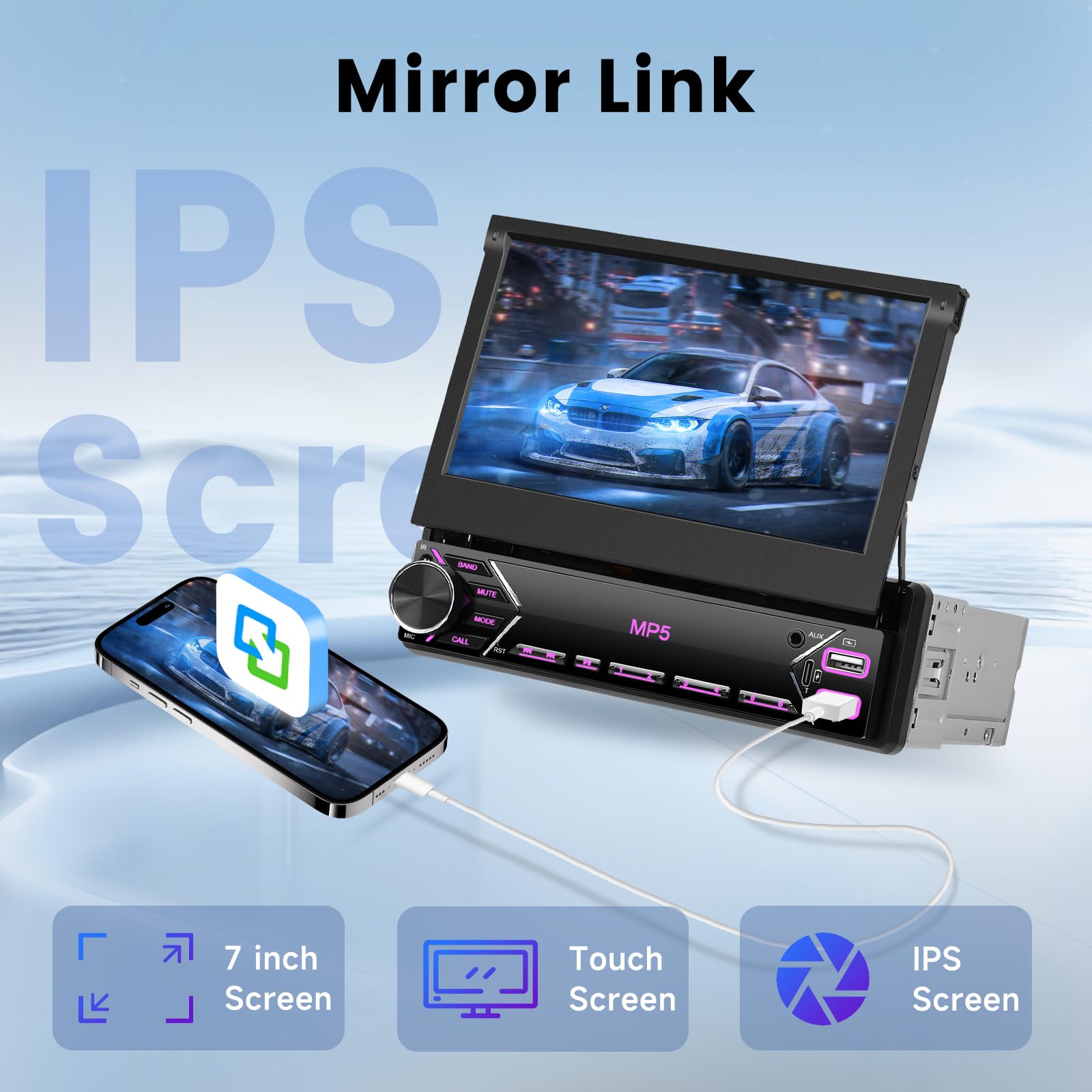 1 Din Ecran Rétractable Autoradio, Hodozzy Écran Tactile IPS de 7 Pouces Poste Radio Voiture 1 Din Bluetooth Lien Miroir, Autoradio avec Radio FM, Type-C USB AUX U-Disk, Contrôle du Volant et Caméra