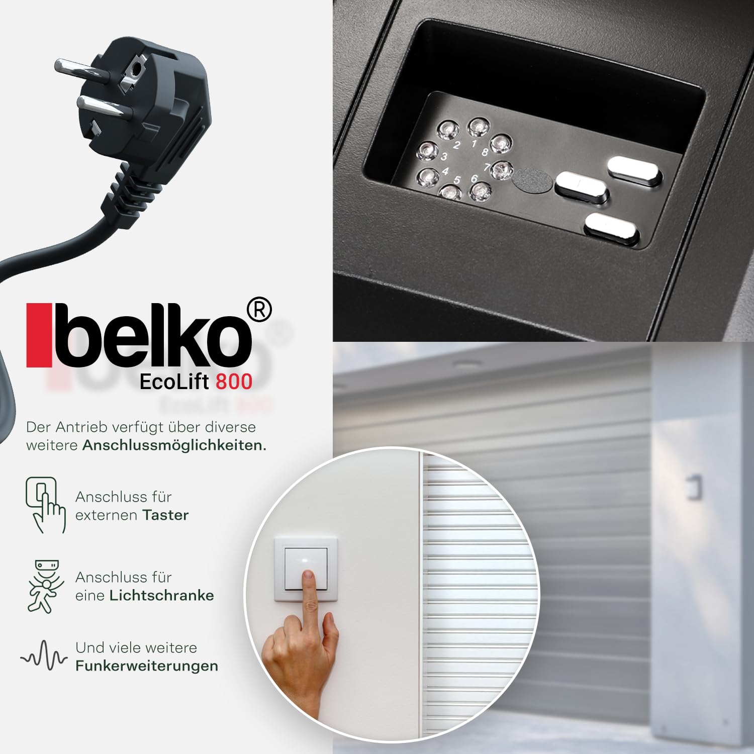 Belko® Garagentorantrieb EcoLift 800 für Schwing- & Roll-Tore bis 12m², inkl. 2 Fernbedienungen 433 Mhz, Kraft 800 N, Notentriegelung, Softstart-/Softstopp-Automatik, LED, Zyklenalarm uvm.