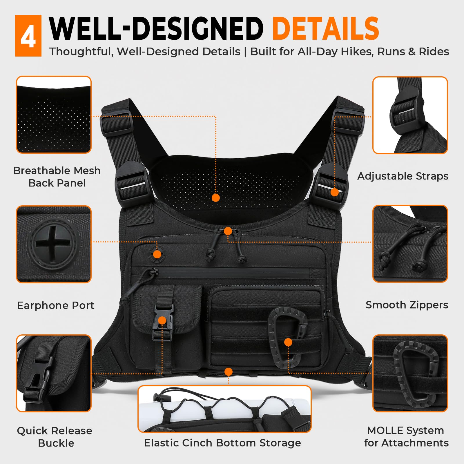 Muserise Bolsa de pecho al aire libre para hombres y mujeres, chaleco táctico para correr, ciclismo, equipo de pecho EDC para deportes y entrenamientos