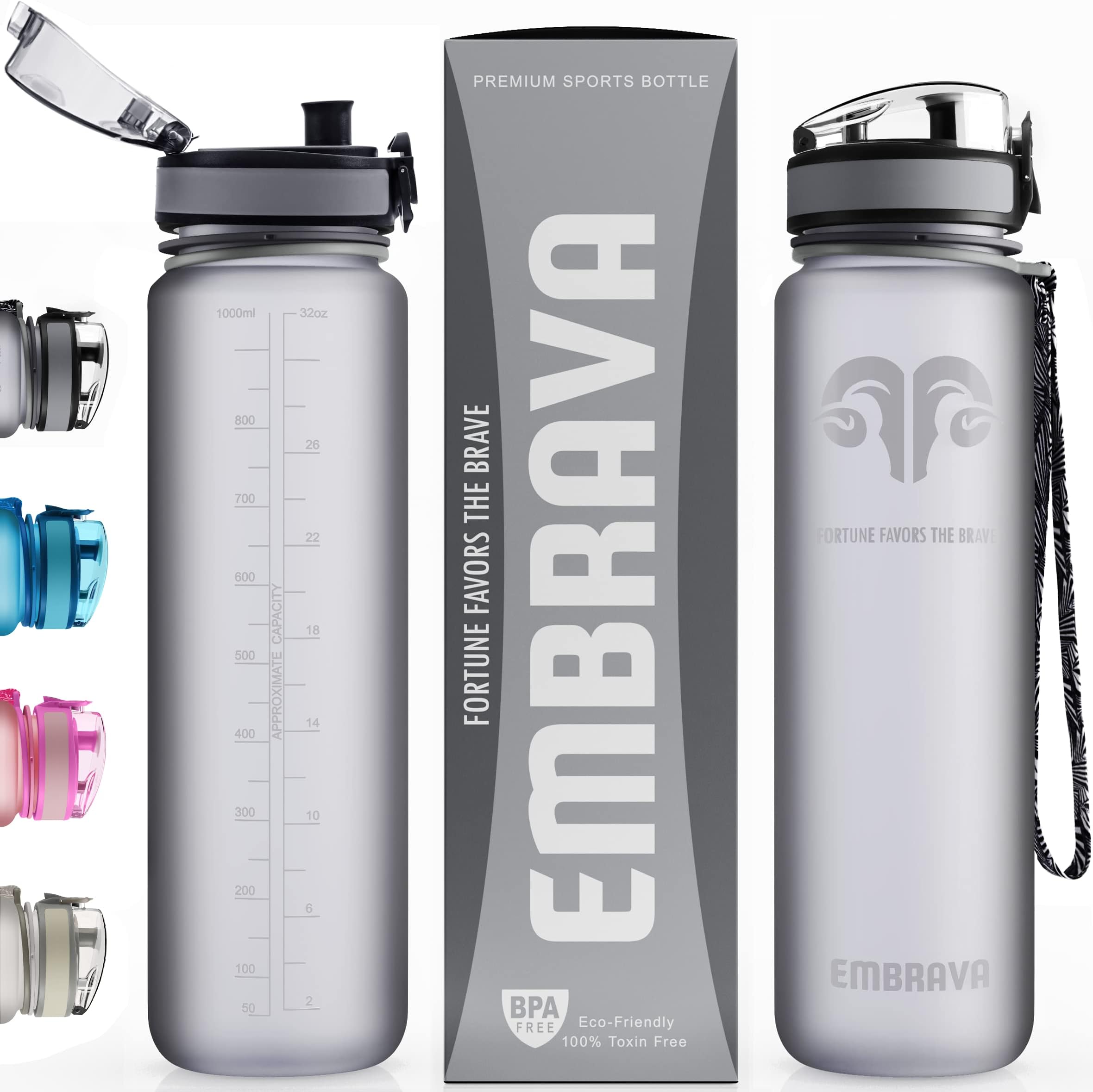 Embrava Best Sports Water Bottle - 32oz Large - Fast Flow, Flip Top Leak Proof Lid w/One Click Open - Non-Toxic BPA Free & Eco-Friendly Tritan Co-Polyester Plastic (Gray)