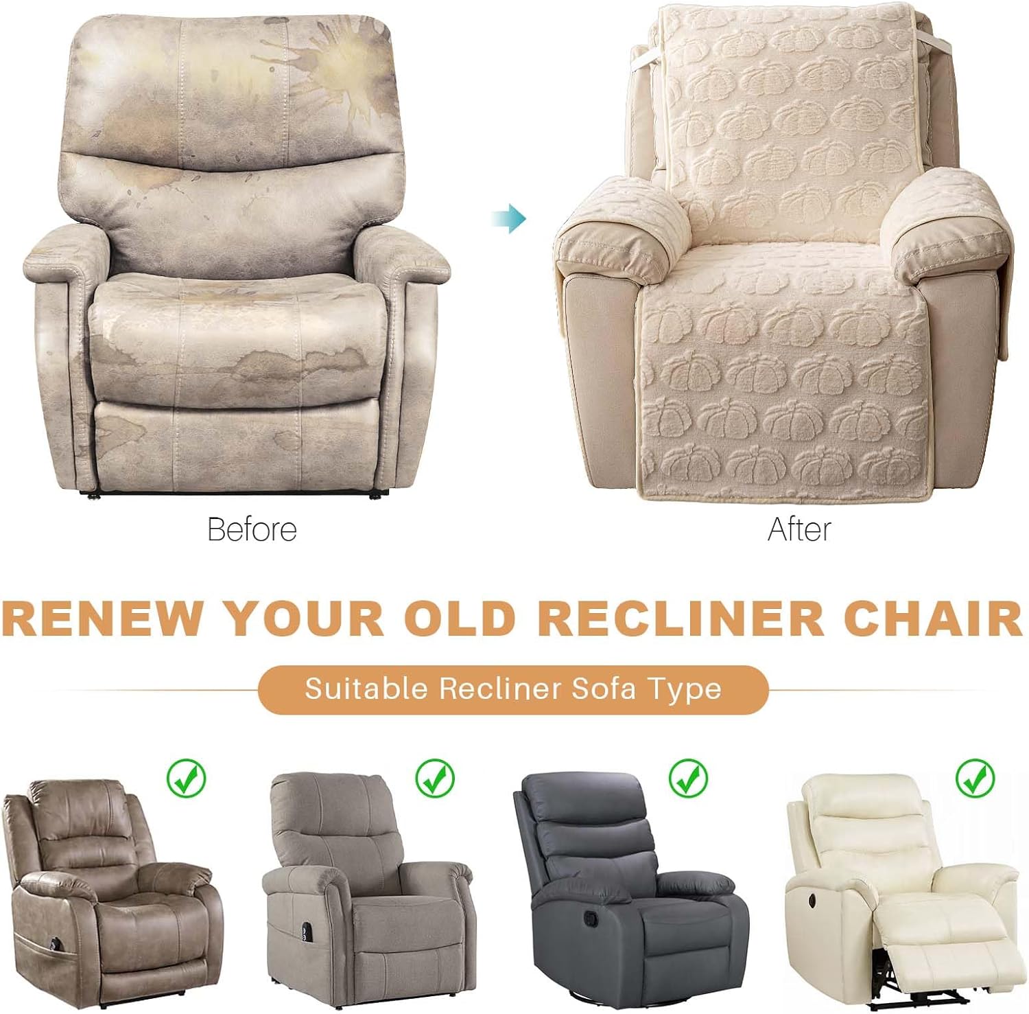 Thick Rabbit Plush Recliner Slipcover 23 Inches Chair Covers Lazy Boy Recliner Chair Cover Quilted Cover for Recliner Chairs and Furniture (Off-White)