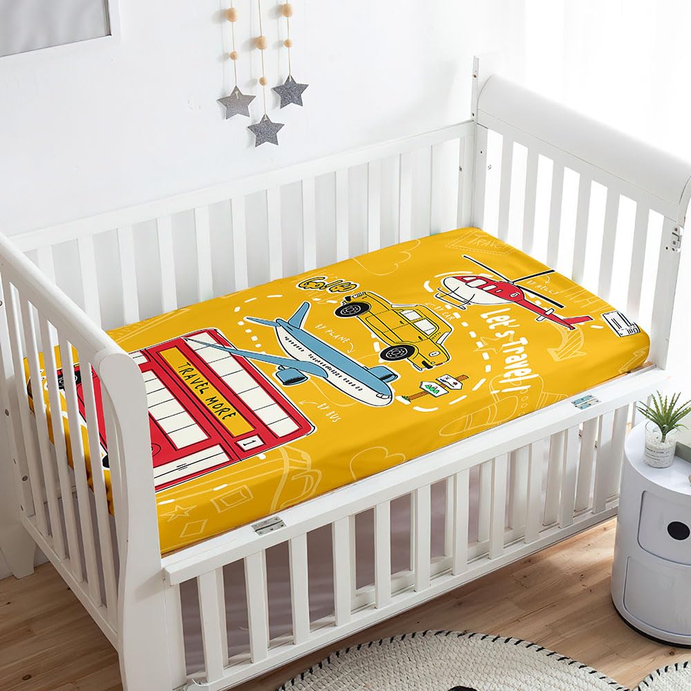Odot Cot Bed Sheets, Cartoon Car Print Bedside Cribs Fitted Sheets, Baby Bed Sheets Microfiber Cot Bed Mattress Protector, Bassinet Sheets, Easy Care Soft and Dureable (55x90 cm,Yellow)