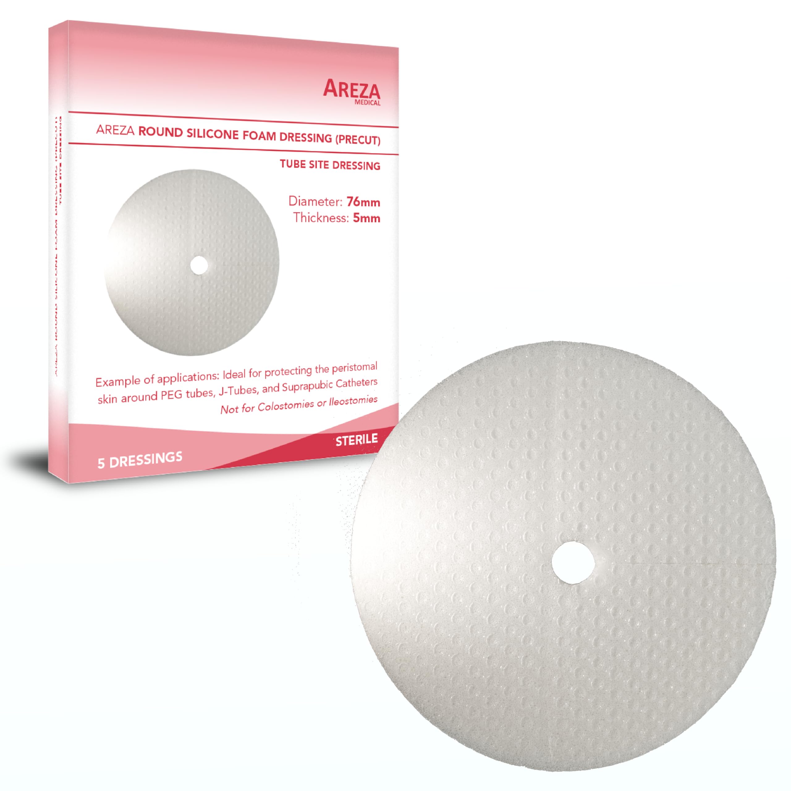 Areza Medical Round Silicone Foam Dressing - Tube Site Dressing - May Help Absorb Leakage Around PEG and Feeding Tubes & Reduce Irritation - 5 Pieces Per Box