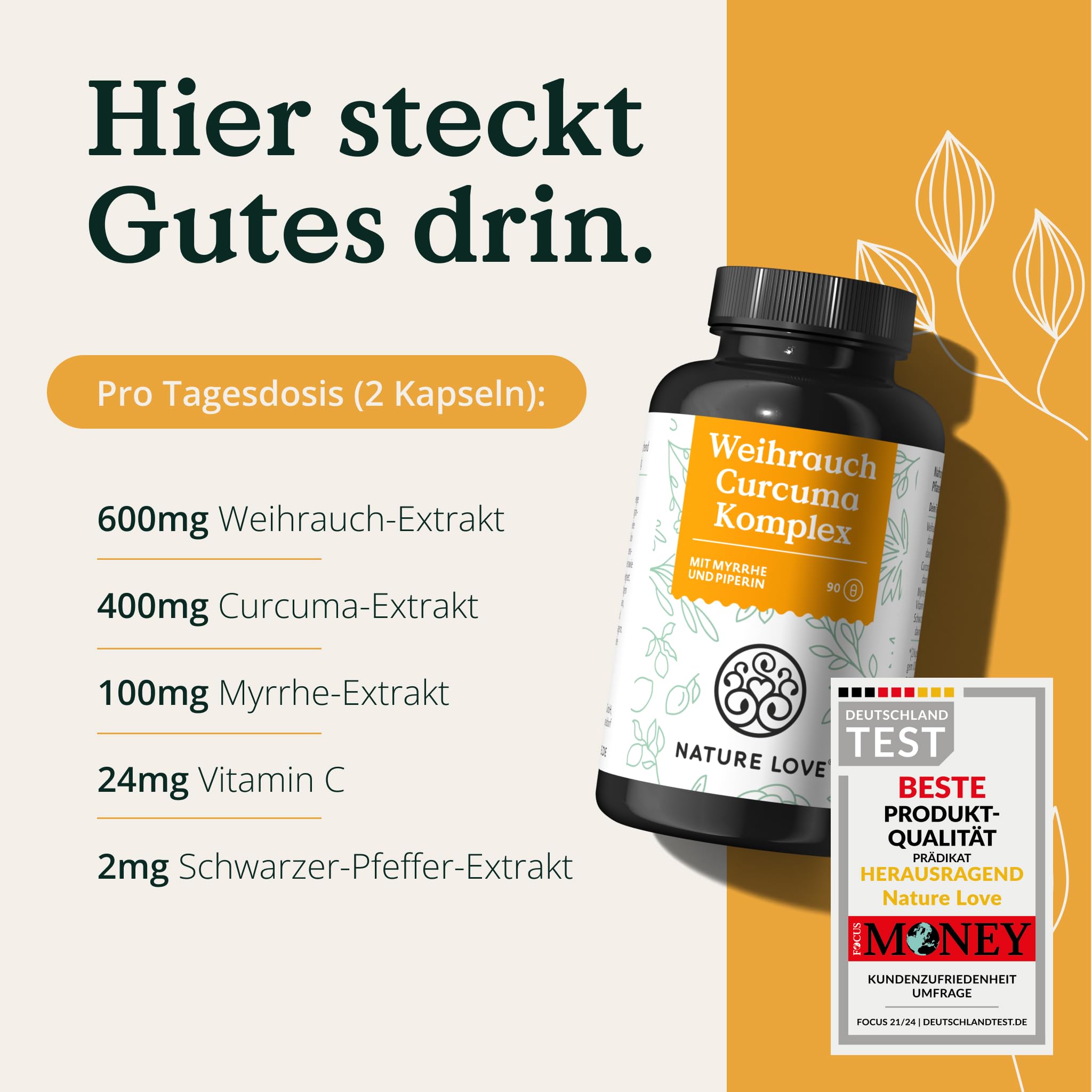 NATURE LOVE® Weihrauch Kurkuma Kapseln - 90 Stück - 600mg Weihrauch Extrakt davon 360mg Boswellia mit Myrrhe Vitamin C - hochdosiert & vegan - laborgeprüft und hoch bioverfügbar