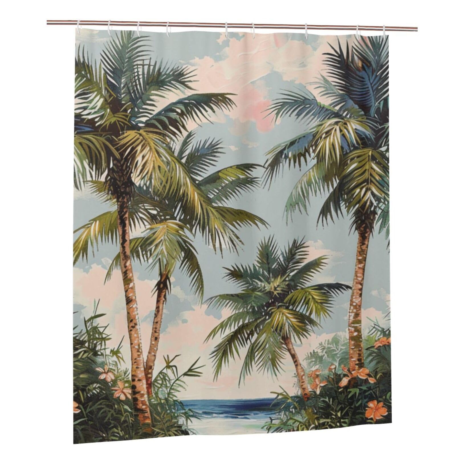 BWWHCCTI Tropical Palm Trees Printed Shower Curtain With 12 Plastic Hooks Opaque Quick Drying Waterproof Shower Curtains Sets For Bathroom 152x183 Cm