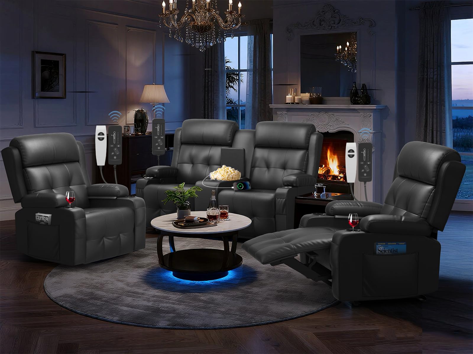 RV Loveseat Recliner Sofa Set, Home Theater Seating with Console &amp; Massage