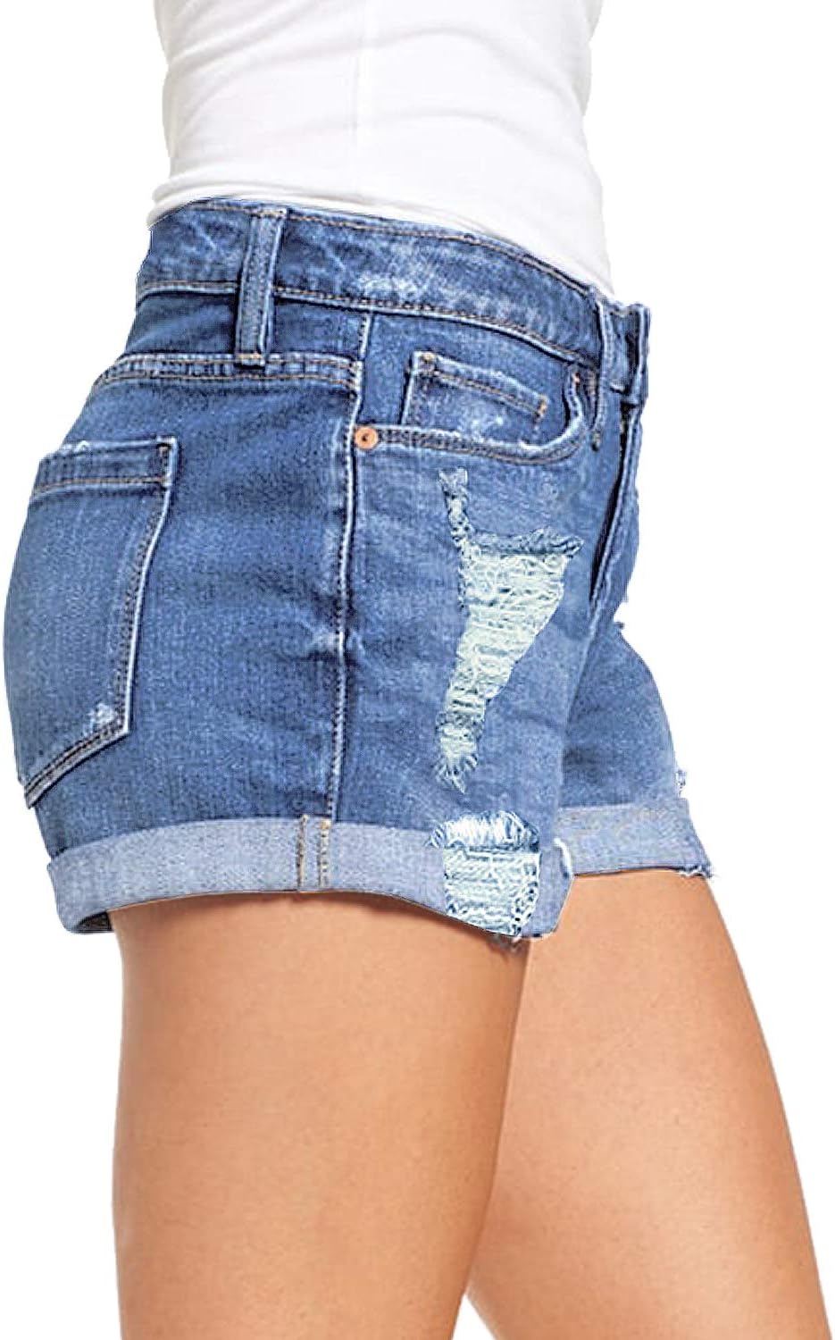 luvamia Women's Ripped Denim Jean Shorts High Waisted Stretchy Folded Hem Short Jeans - Image 4