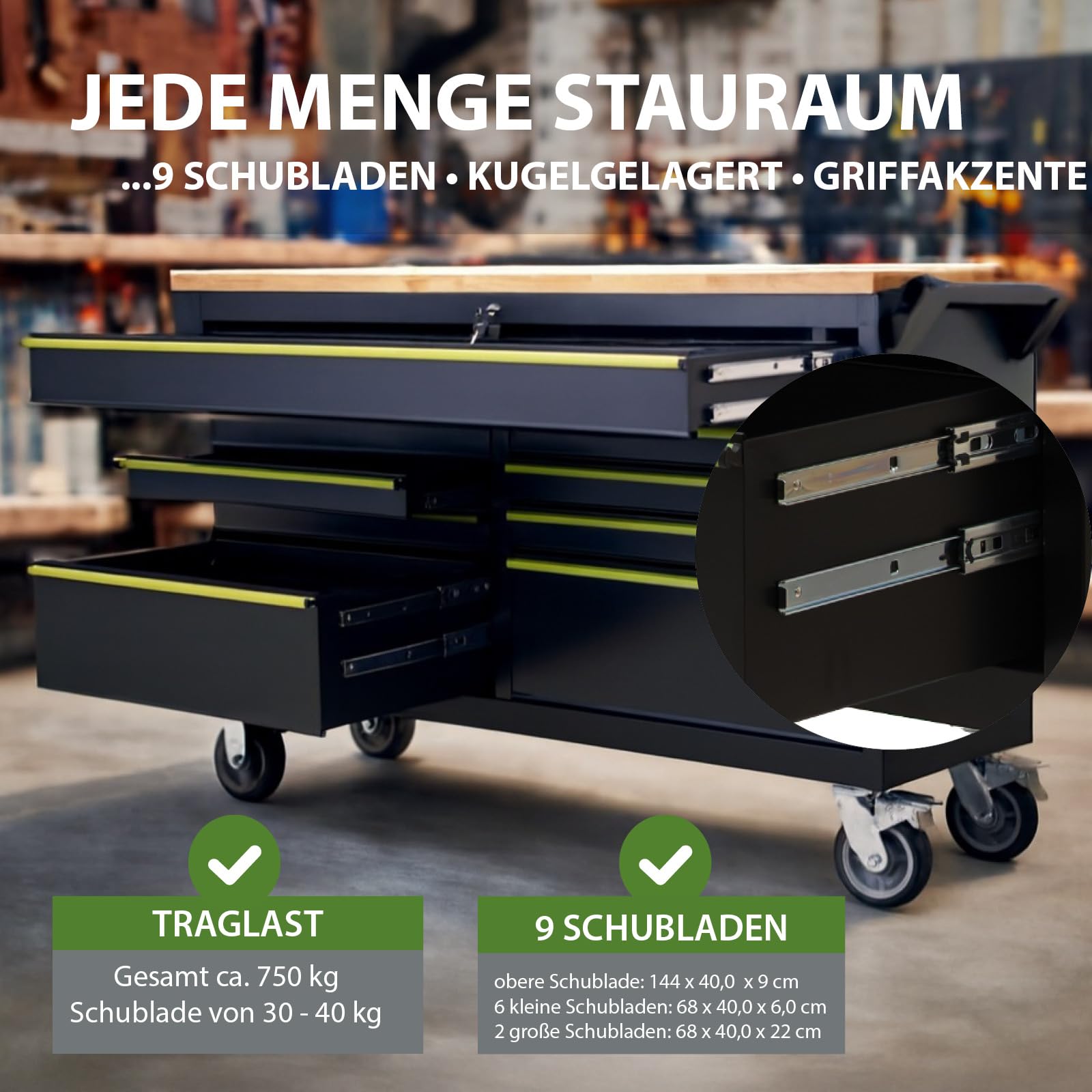 TRUTZHOLM Werkstattwagen Star XXL unbestückt, Profi Werkzeugwagen mit 9 kugelgelagerten Schubladen, 750 kg Traglast, 35 mm Hartholz-Arbeitsplatte, abschließbar, rollbar mit Feststellbremsen