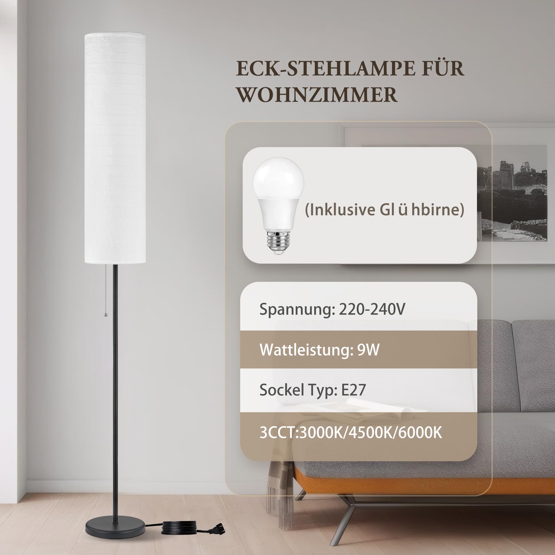 GyroVu Stehlampe Papier für das Wohnzimmer, 65” stehende Lampe, hohe Lampe für das Schlafzimmer mit Papierlampenschirm, 3 Farbtemperaturen Stehlampe für das Wohnzimmer (Glühbirne Enthalten)