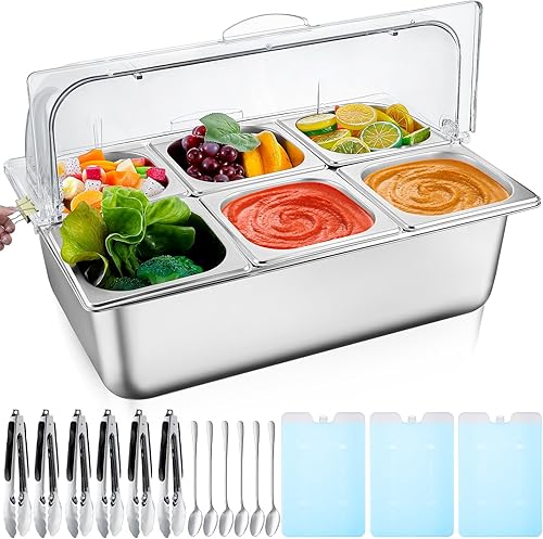 Tessco Recipiente refrigerado por hielo para servir condimentos, dispensador de barra de acero inoxidable con tapa, con 6 abrazaderas, 6 cucharas y