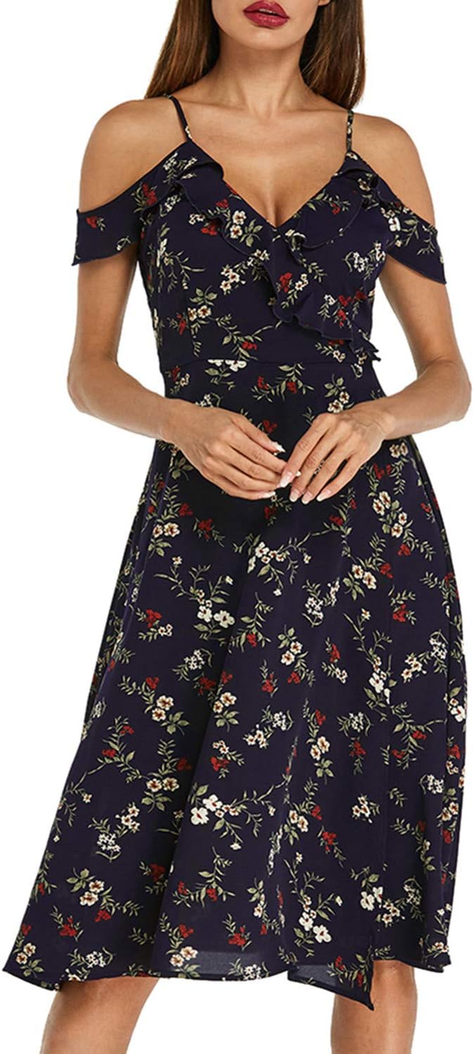 Auxo Women Ruffles Off Shoulder V Neck Strap Dress Boho Floral Printed Casual Madi Dresses Summer Beach Sundress Navy Size M/UK 12-14