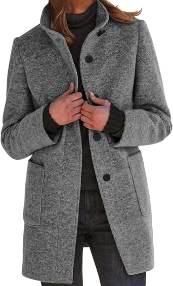 ZWRXW Pea Coats for Women Single Breasted Pea Coat Wool Blend Stand Collar Trench Coats Vintage Elegant Fall Winter Jacket