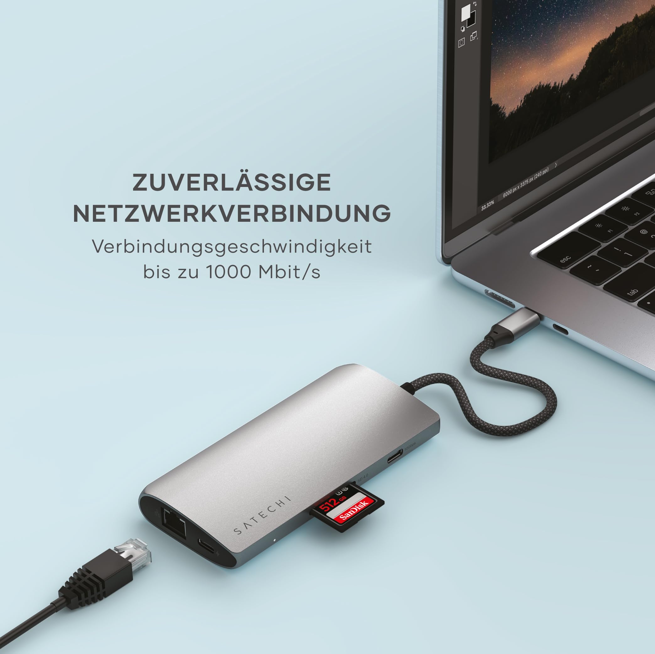 SATECHI 8-in-1 USB-C Hub, HDMI 8K@30 Hz, Space Grau | 85-W-PD, Ethernet, 4 USB-C Anschlüsse mit 10 Gbit/s und UHS-II-SD-Kartenleser