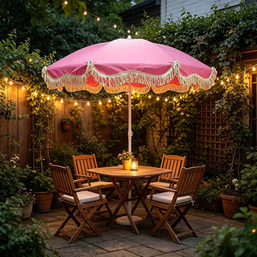 Parasol ogrodowy 200 cm z frędzlami, przenośny parasol plażowy na zewnątrz, 8 żebrami, żelazny trzon, uchylnym, ochrona UV wodoodporny