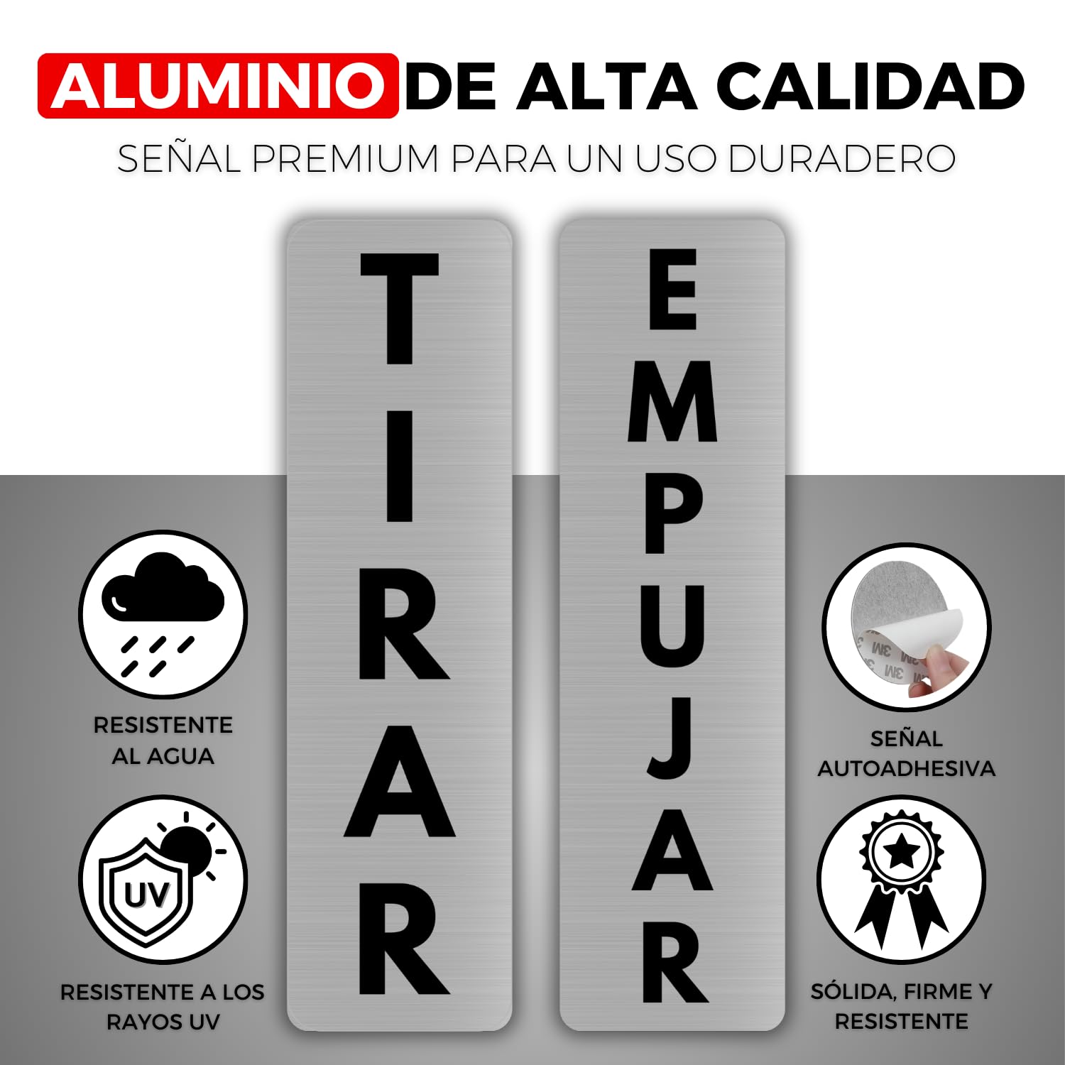 Set de Señales Adhesivas Empujar/Tirar Puerta - 5x18 cm - Grosor 0.8 mm - Aluminio - - Carteles Adhesivos 3M - Indicación Empujar/Tirar