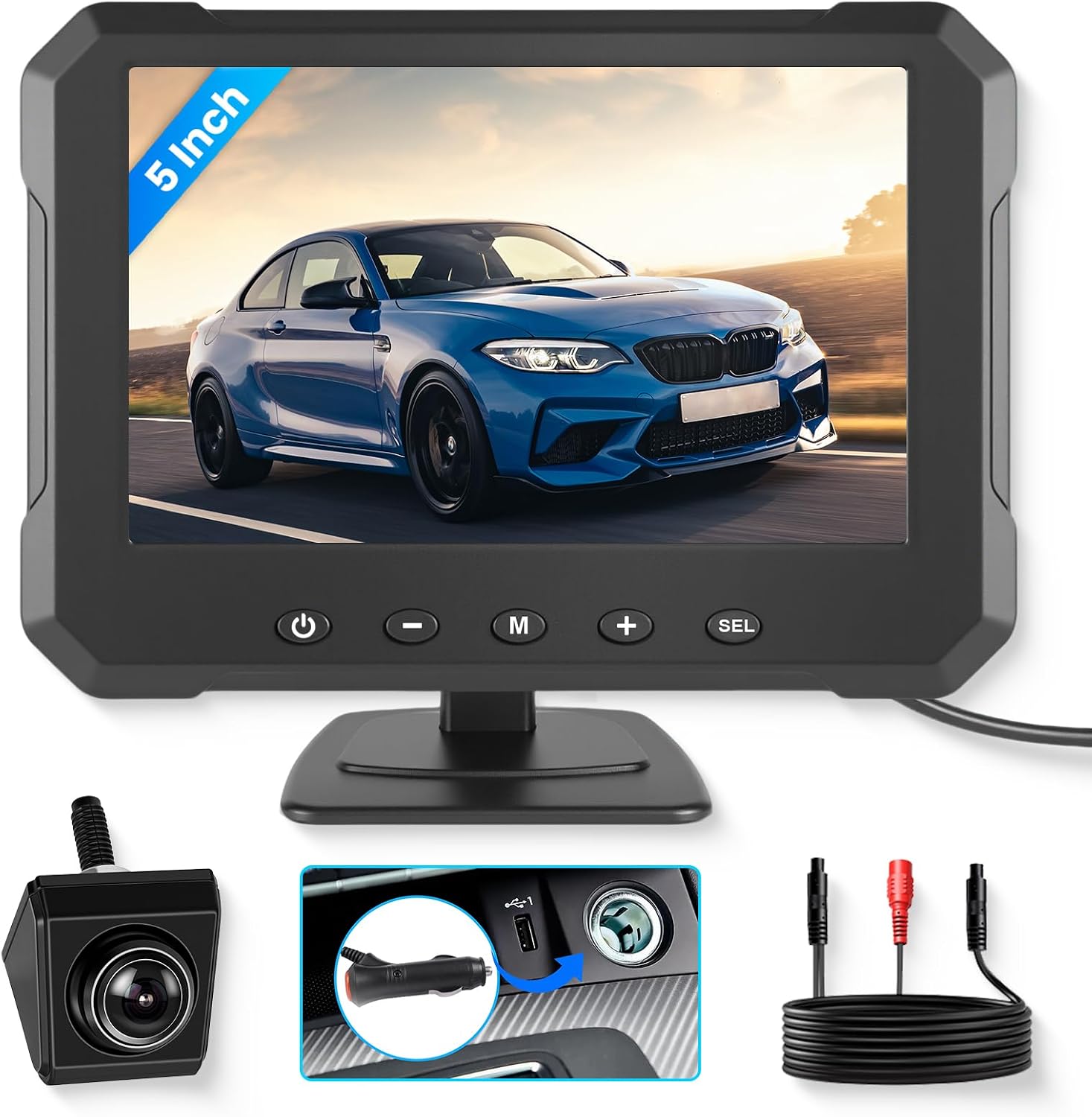 VECHTEL 5'' HD Car Monitor with Swivel Camera, Waterproof IP68 Rear View Camera Kit Super Wide Angle Reverse Line, 8M Cable, 12-24V for SUV Sedans