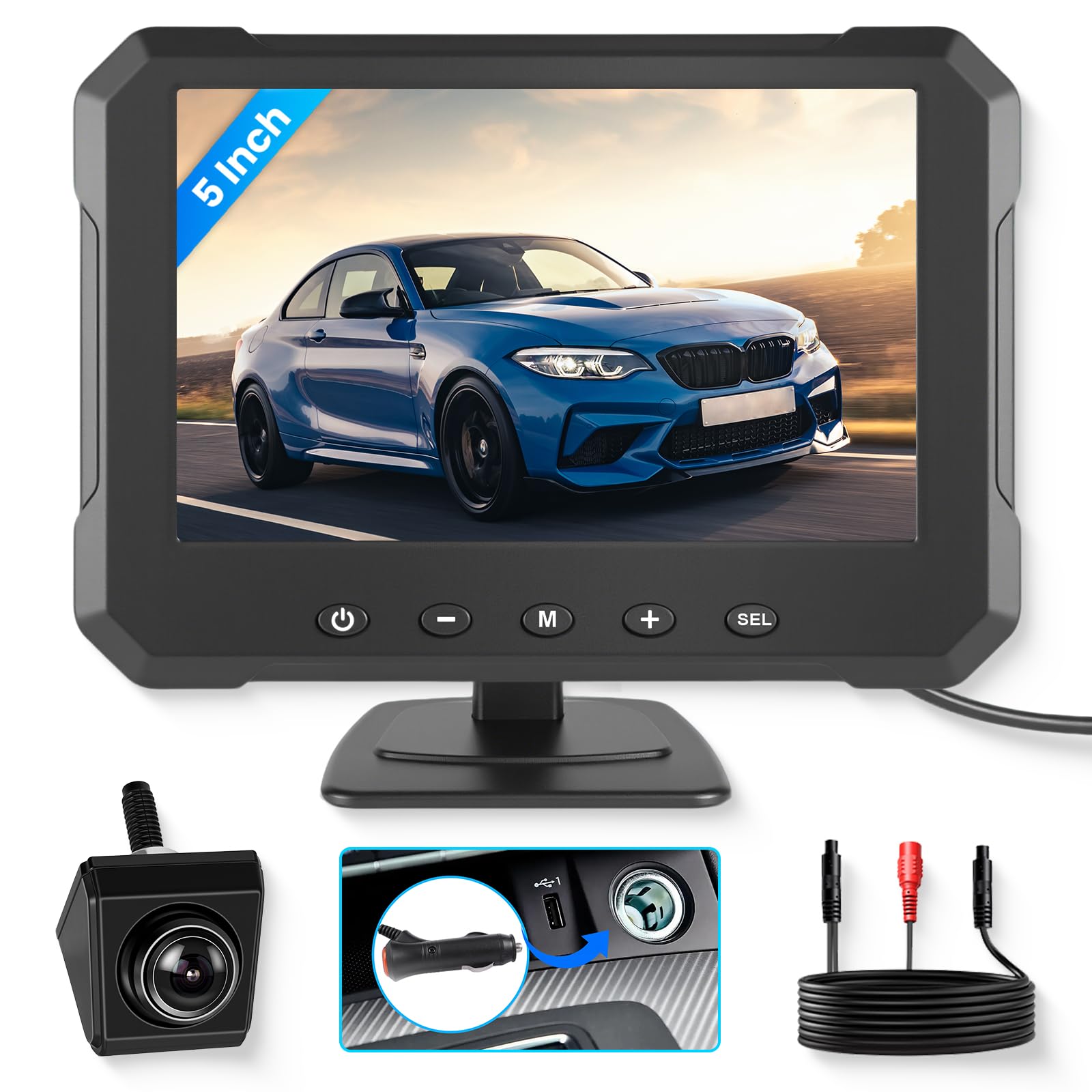 VECHTEL Monitor per auto HD 5'' con Telecamera Orientabile, Kit Telecamera Posteriore con Impermeabile IP68 Visione Notturna Supergrandangolo Linea di Retromarcia, Cavo da 8M, 12-24V per Berline SUV