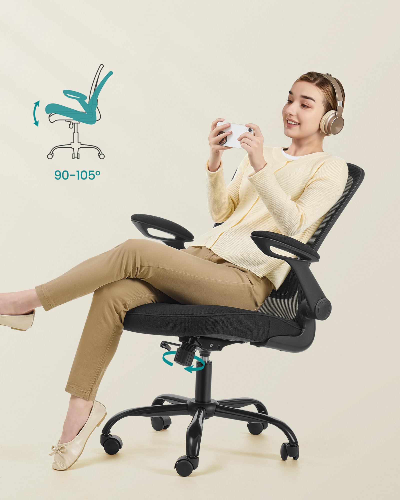 SONGMICS Silla de Oficina, Silla de Escritorio de Malla, Silla Giratoria Ergonómica, Soporte Lumbar, Oscilante, Asiento de 53 cm, Apoyabrazos Abatibles, Negro OBN037BKV2 - 3