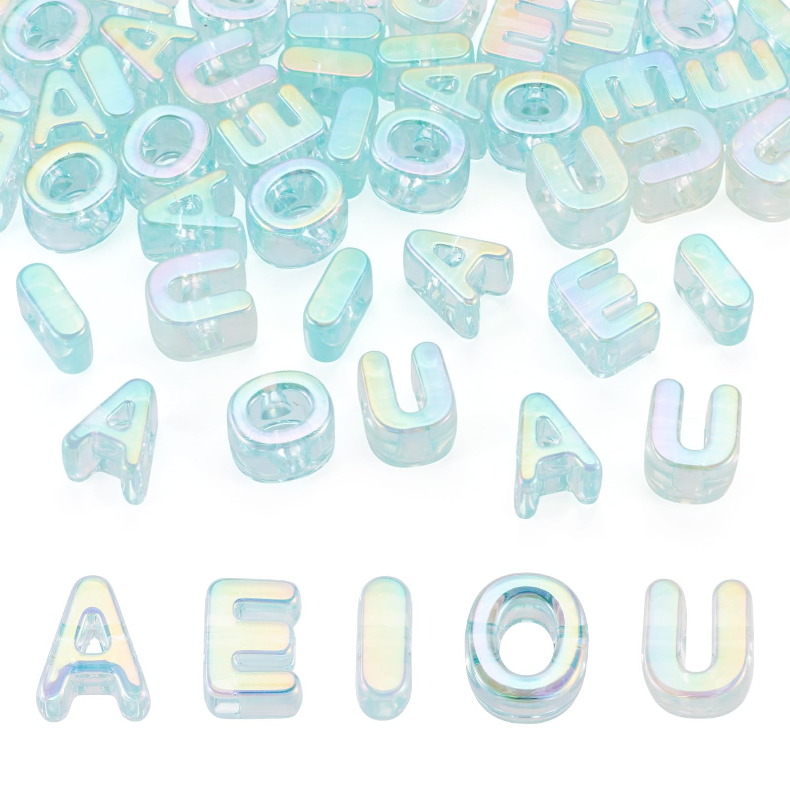 Craftora 50 Pcs Vowel Letter Beads A/E/I/O/U Initial Beads Rainbow Iridescent Alphabet Bead Sky Blue Acrylic Letter Bead for DIY Keychain Jewelry Making
