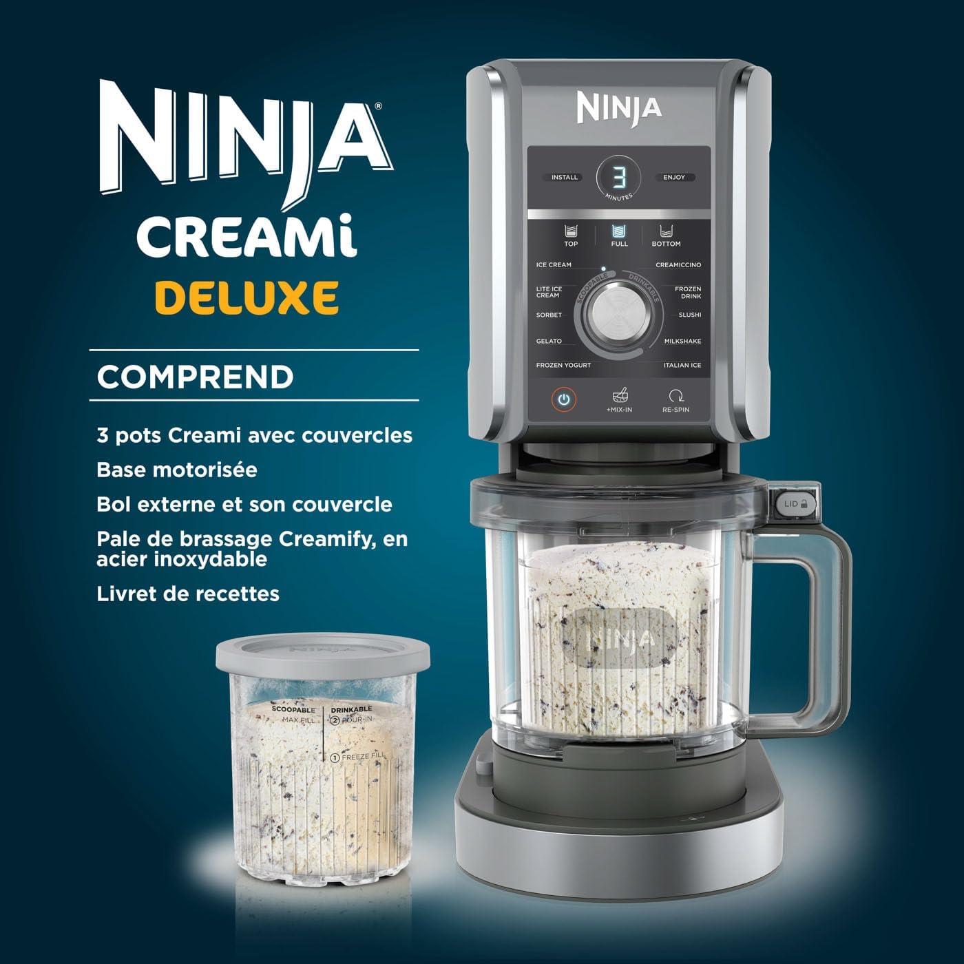 Ninja CREAMi Deluxe NC501EU Sorbetière 10 fonctions, 3 pots 709 ml, moteur à double entraînement, desserts & boissons glacées sur mesure - Image secondaire