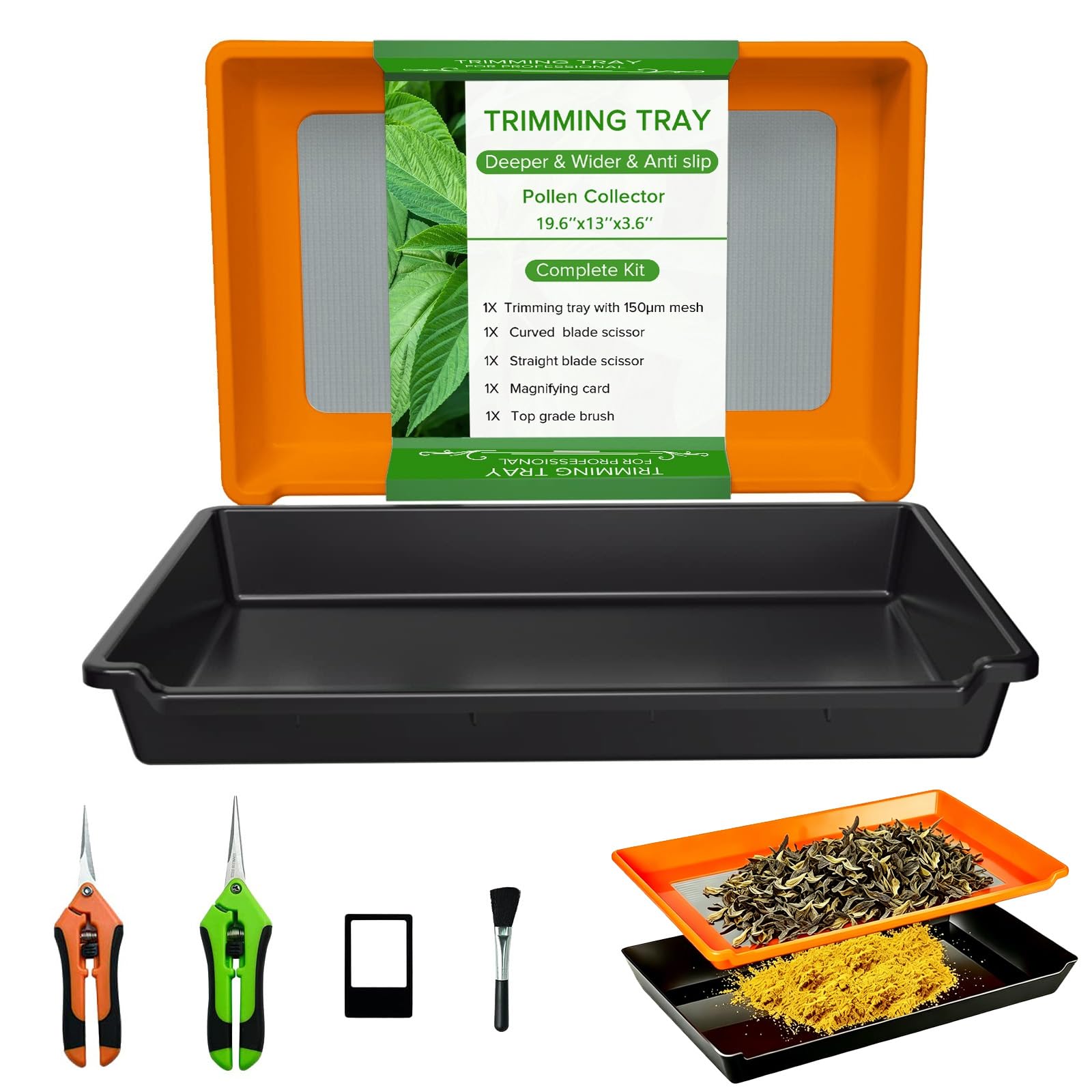 Premium Trim Bin Set, Trimmschalen Set mit 150 Mikron Pollensieb, 2-Schicht Trimming Tray System mit 2 Scheren Bürste und Lupe für effizientes Trimmen & Pollen