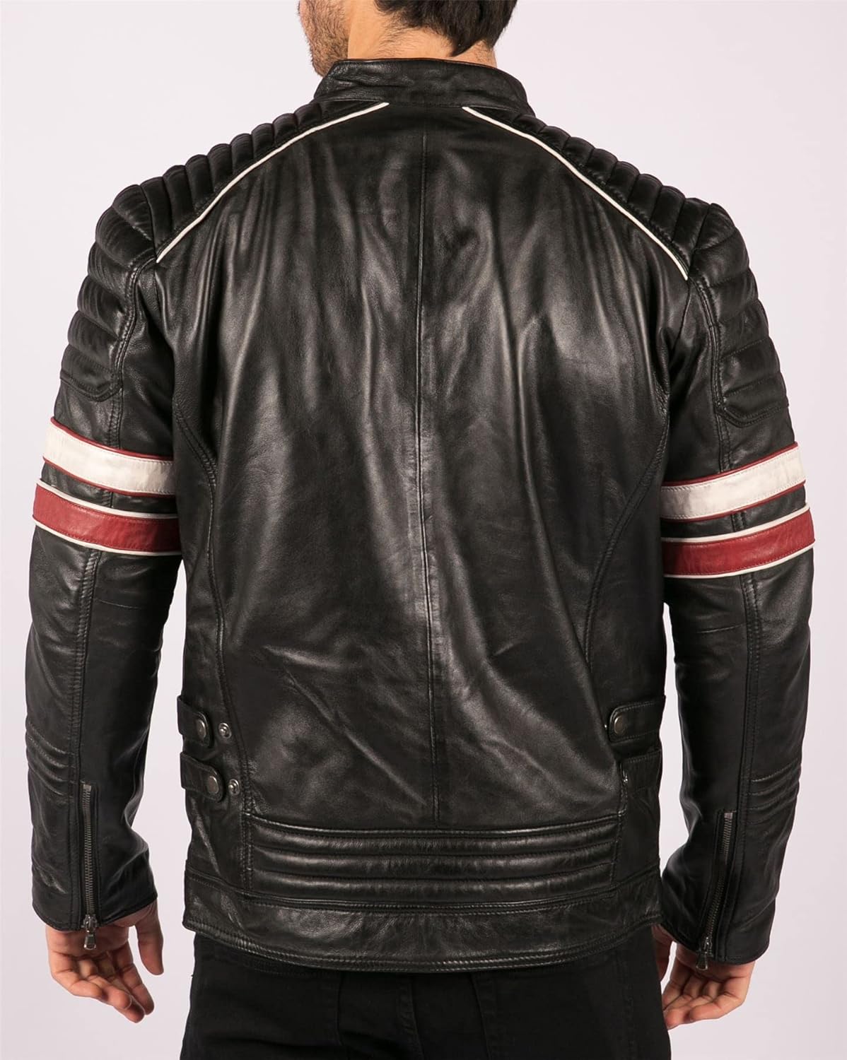 TruClothing Mens Black Racing Biker Jacket Red White Stripes Real Leather Casual Fit