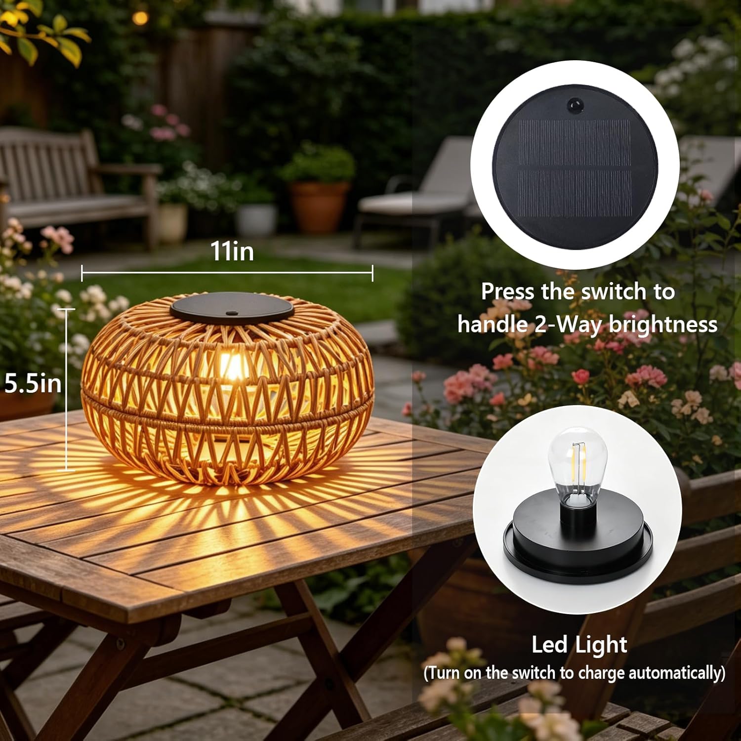 2 Pack Solar Lanterns Outdoor Waterproof, 11" Bigger Rattan Outdoor Solar Lights, Solar Lanterns Decorative Outdoor with 2 Brightness, Solar Powered Garden Lights, Outdoor Solar Lanterns Table Decor