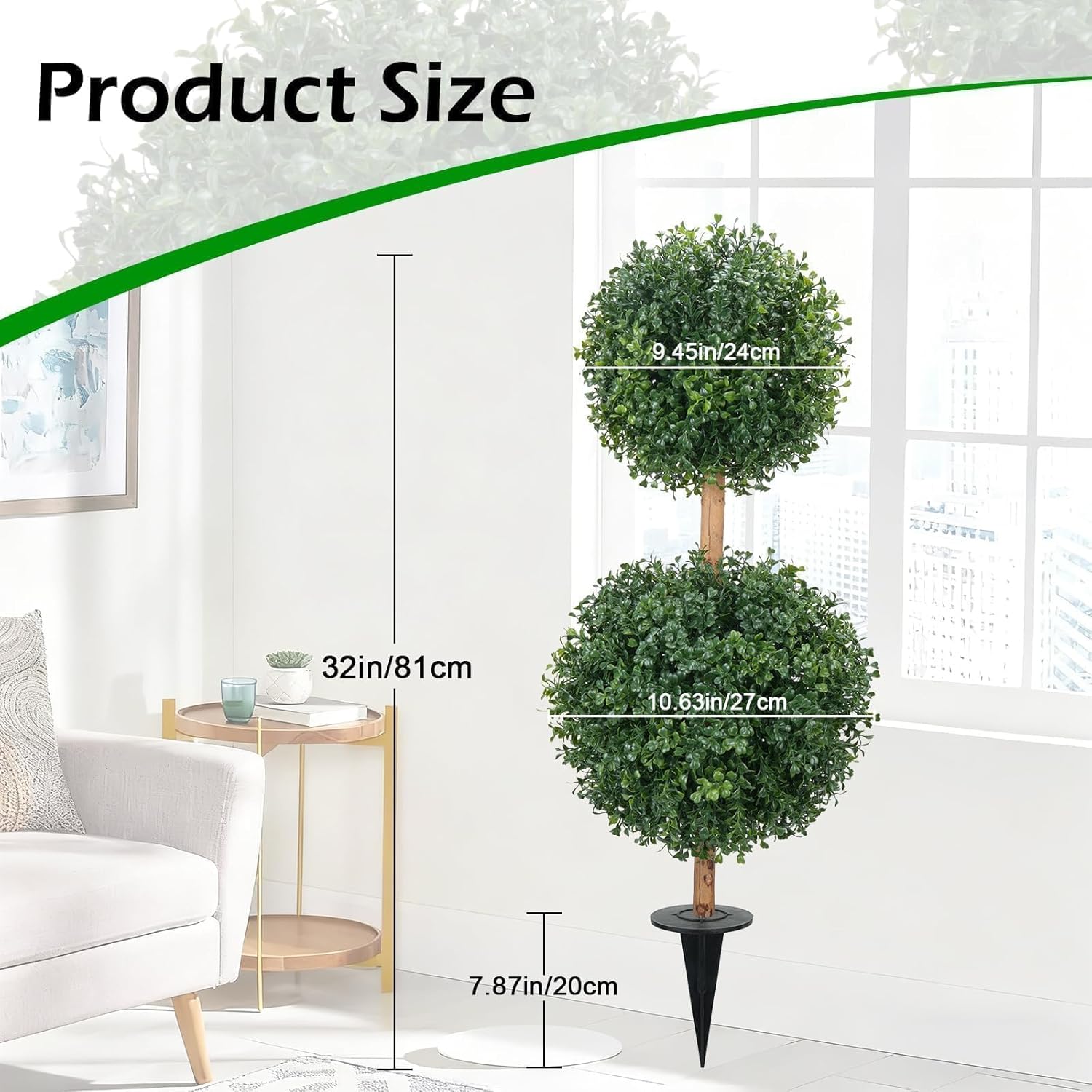 Zythrem 2.6FT Topiary Ball Trees Artificial Outdoor with Ground Spike Front Porch Double Boxwood Topiary Set of 2 Faux Outdoor Plants for Planters Patio Entrance Garden Indoor Home
