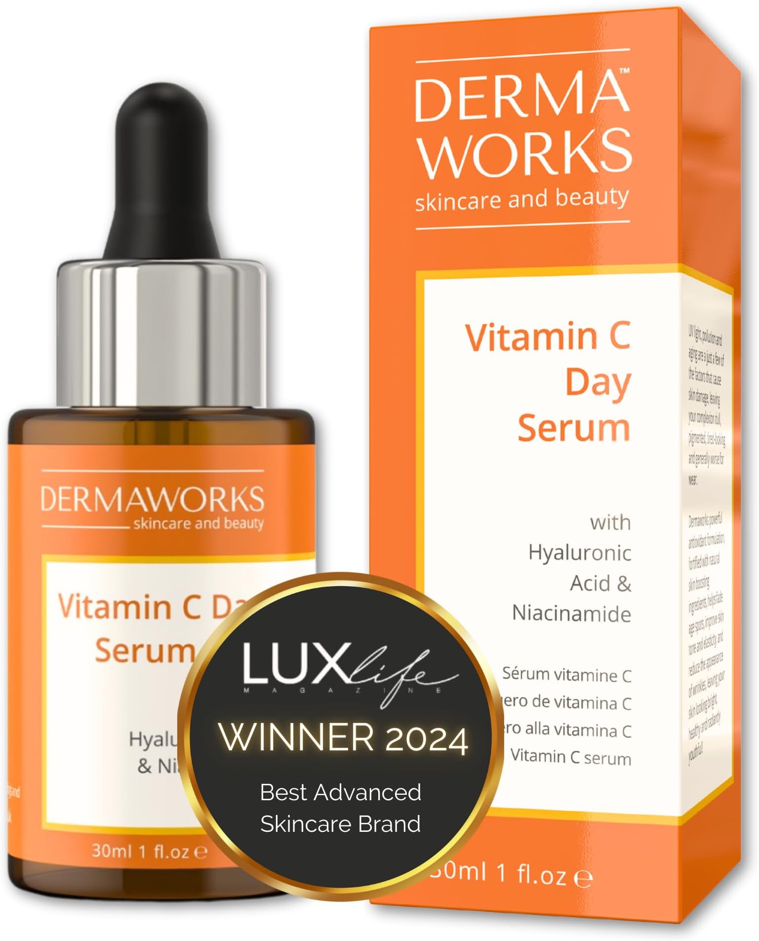 VITAMIN C SERUM FOR FACE with Niacinamide, Hyaluronic Acid & Beta Glucan – Dark Spot Correcting Glow Serum – Anti Aging Skin Brightening & Hydrating Face Care – Rosacea Treatment by DERMAWORKS