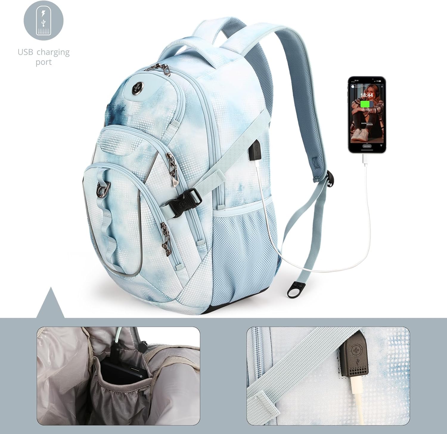 Swissdigital Laptop Backpack with USB Charging Port, Travel Backpack Fits 15.6 inches Computer, 31L Backpack for Men, Polka Blue | SD803-105 - Image 6