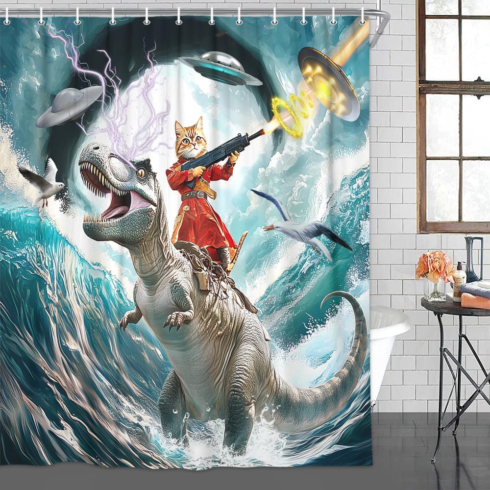 Funny Shower Curtain Cute Cat Dinosaur UFO Seagull in Ocean Wave Bathroom Shower Curtain Set Cool Ocean Sea Wave Fighting Hilarious Fabric Shower Curtain with Hooks 71X84 Inch