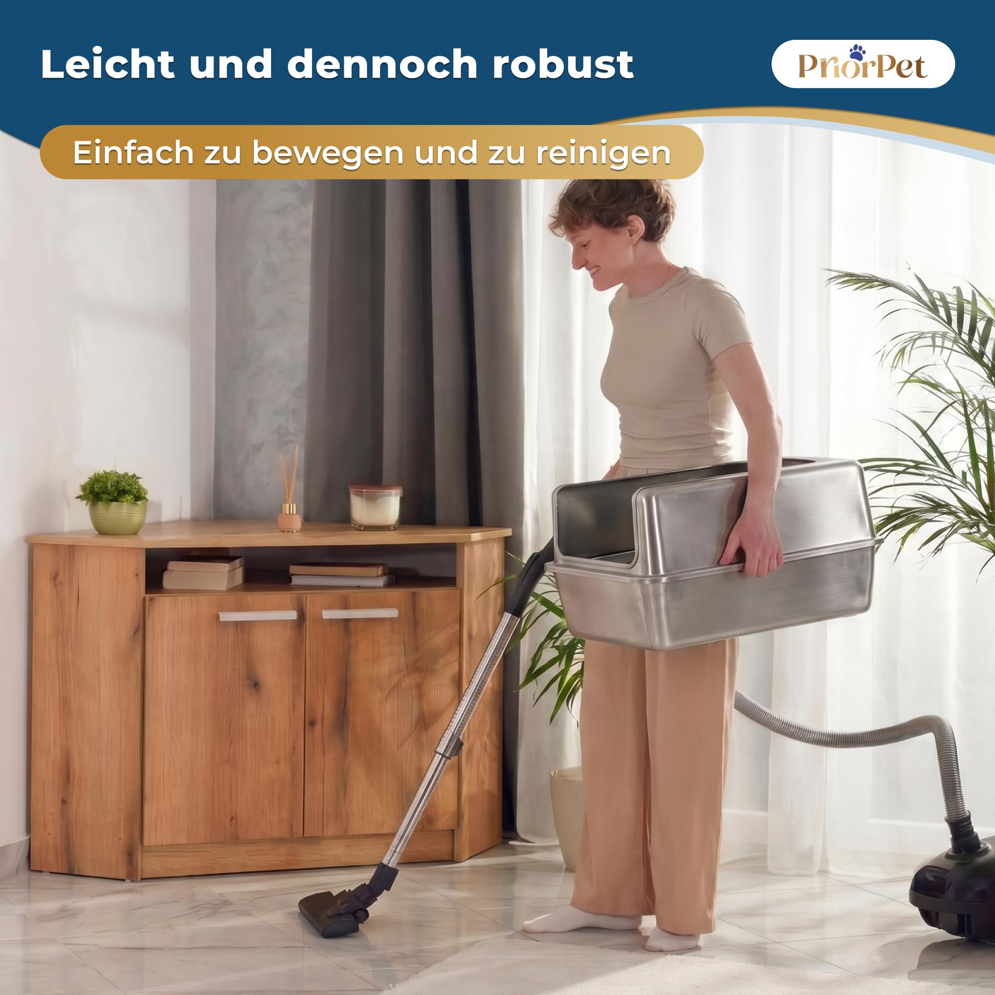 Katzenklo Edelstahl XXL – Leicht zu reinigen, geruchsresistent – Katzentoilette mit hohem Rand, 38L – Auslaufsicher, antihaftbeschichtet – Mit Schaufel & Matte