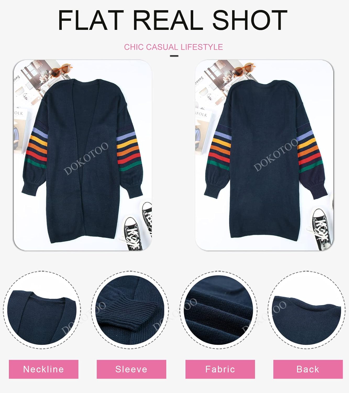 Dokotoo Women's Long Open Front Cardigans Striped Color Block Loose Knit Sweaters Outwear Coat - Image 5