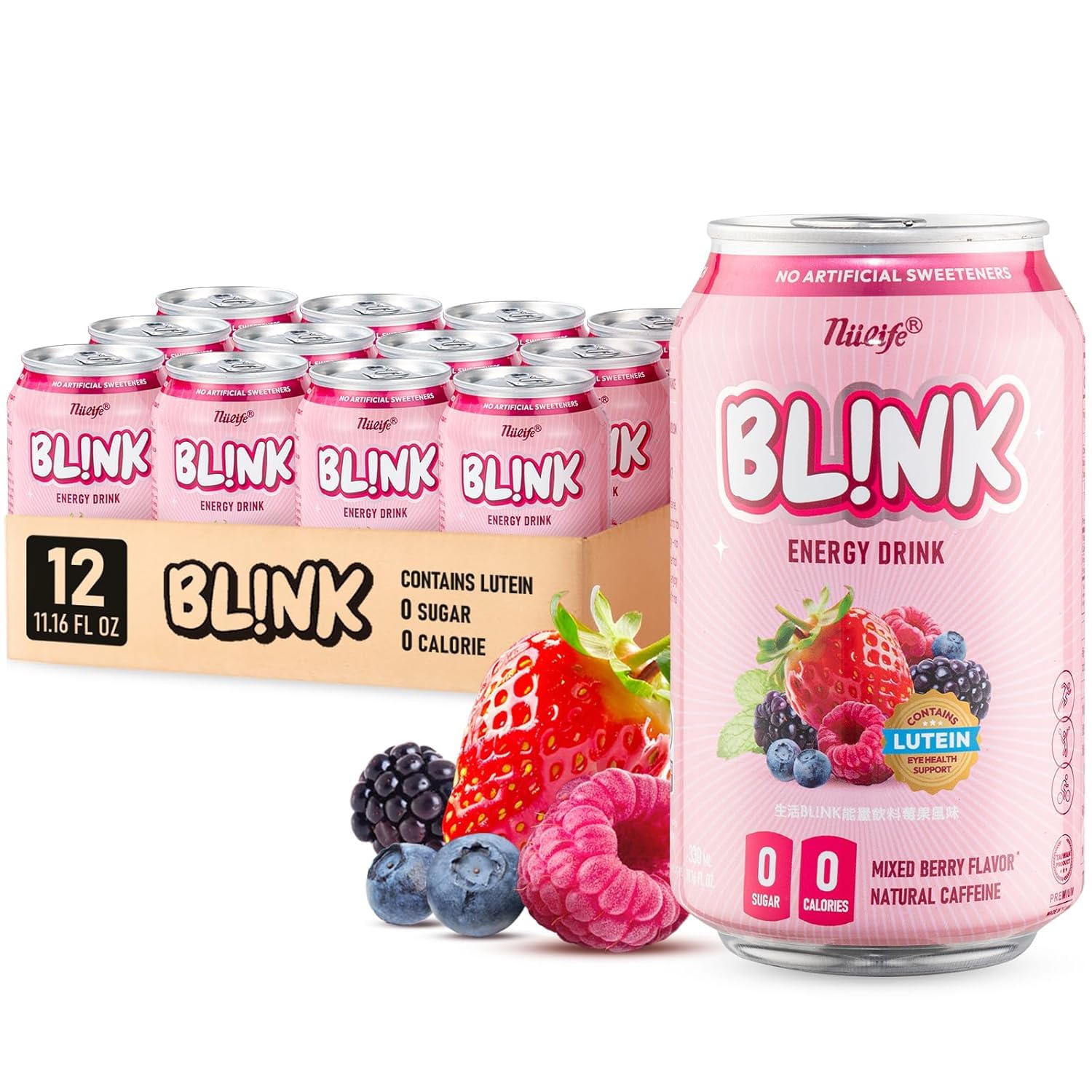 NÜLIFE Sugar Free Energy Drink - BL!NK, 96mg Natural Caffeine, Lutein for Eye Support, Vitamin Enriched, Healthy Clean Energy No Artificial Sweetener, Mixed Berry, 11.16 Fl Oz (Pack of 12)