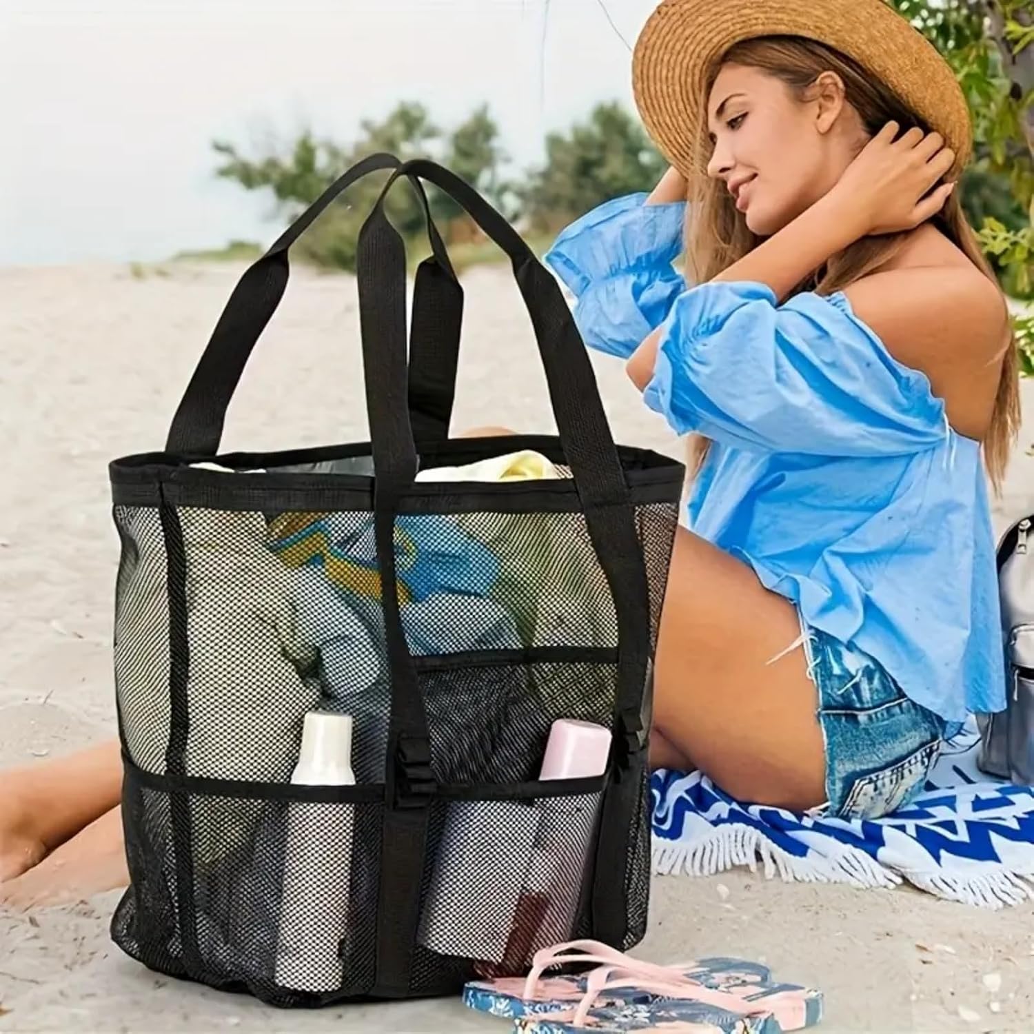 Bolsa de praia de malha extragrande, bolsa dobrável leve com vários bolsos para viagem à praia em família, piscina, viagem, preta