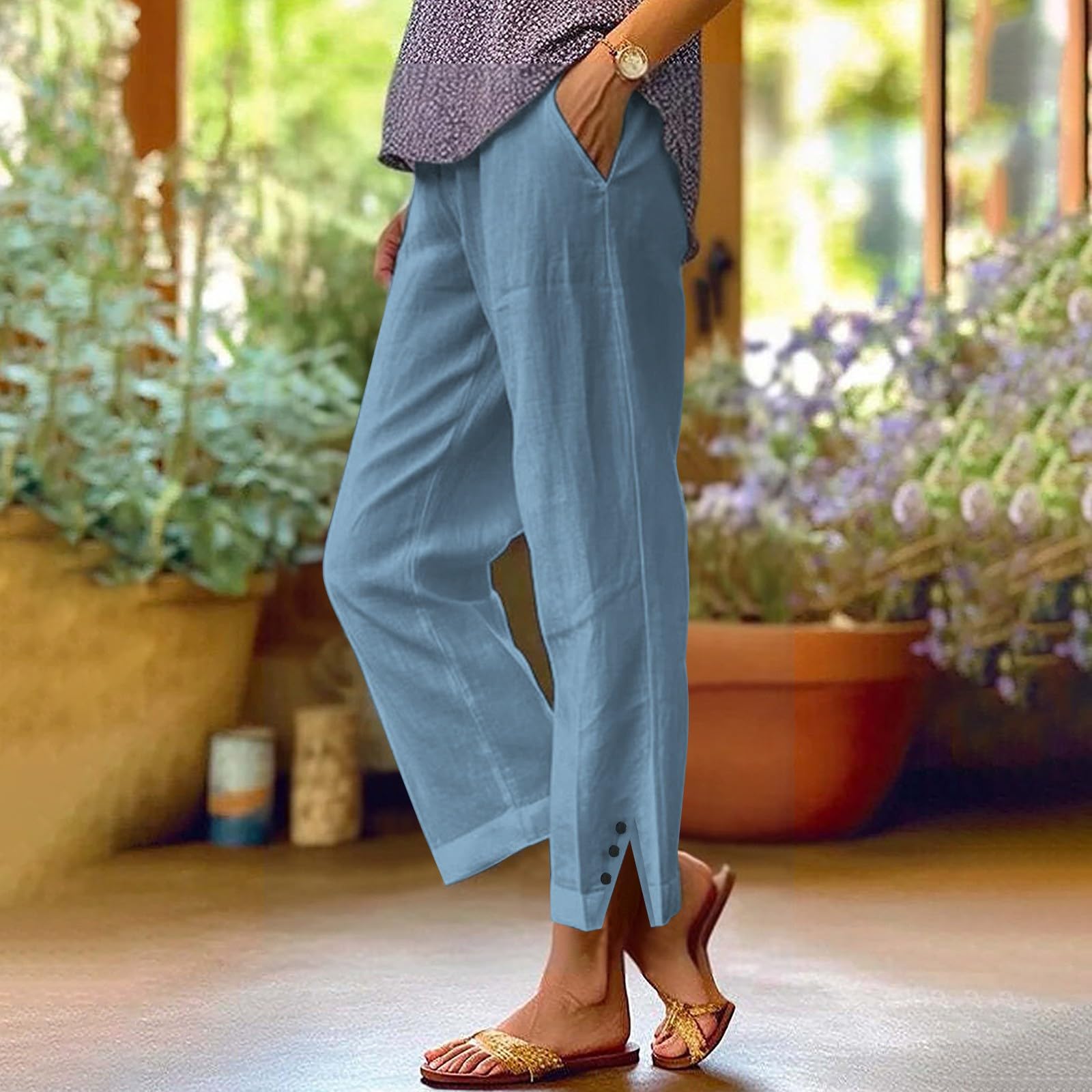 Generisch Pantalon en lin pour femme - Taille haute - Couleur unie - Jambe droite - Pantalon d'été 7/8 - Pantalon d'été léger et aéré - Avec poches - Pantalon de plage ample en mousseline plissée