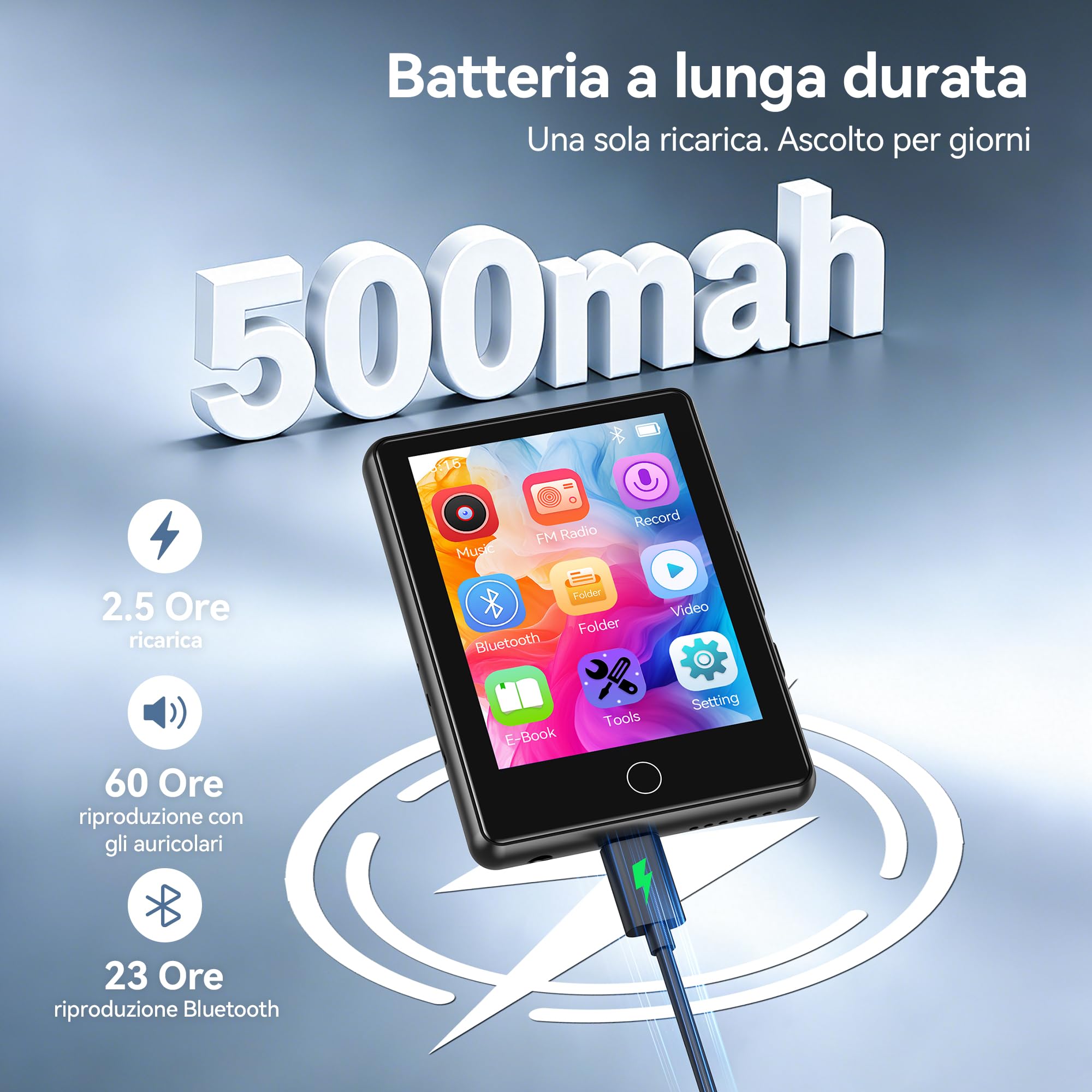 AGPTEK MP3 Bluetooth 5.3 con Schermo Tattile da 2,8", Lettore MP3 con Audio HiFi, Radio FM, Registratore e Altoparlante, 64GB Lettore Espandibile a 128GB, y Player Custodia in Silicone