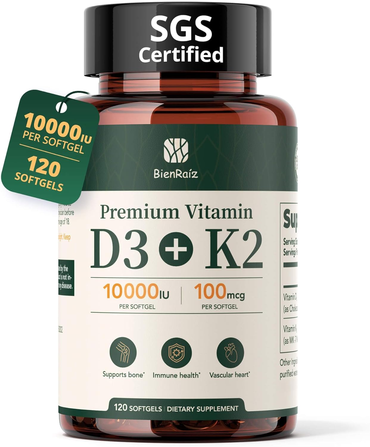 Vitamin D3 K2 10000IU 100mcg MK-7, 120 Softgels, 2-in-1 K2 D3 Vitamin Supplement for Bone Health, Immune Support, Better Calcium Absorption, 120 Day Supply