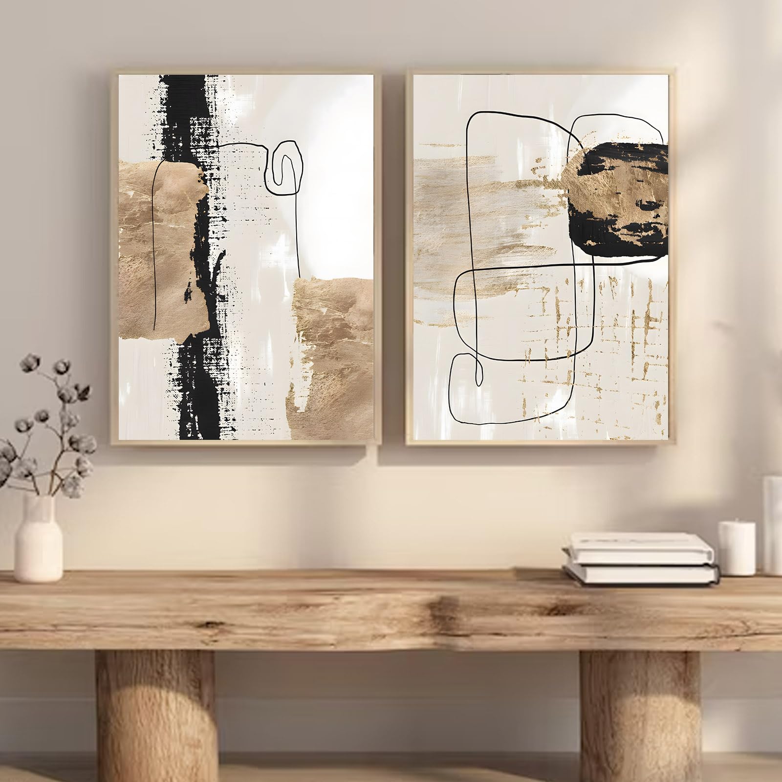 LMYSXAOZ Gold Abstract Wall Art Beige Black Painting Geometric Neutral Modern for Living Room Bedroom 16x24 Inch 2 Pack Unframed