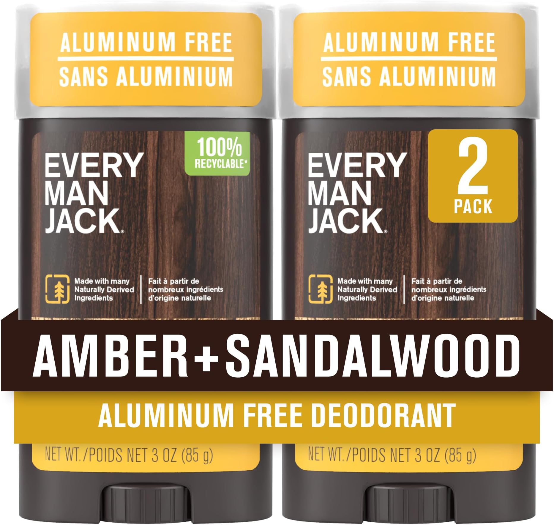 Amber + Sandalwood Men’s Deodorant - Stay Fresh with Aluminum Free Deodorant For all Skin Types - Odor Crushing, Long Lasting, with Naturally Derived Ingredients - 3oz (2 Pack)