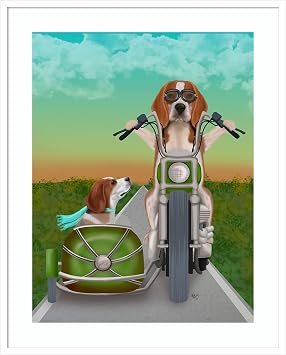 Amanti Art Framed Wall Art Print 41x33 Beagle Chopper and Sidecar by Fab Funky, Animals Wall Art, Whimsical Decor, X-Large Poster Painting Artwork for Living Room, Bedroom, Bathroom, Kitchen, Office