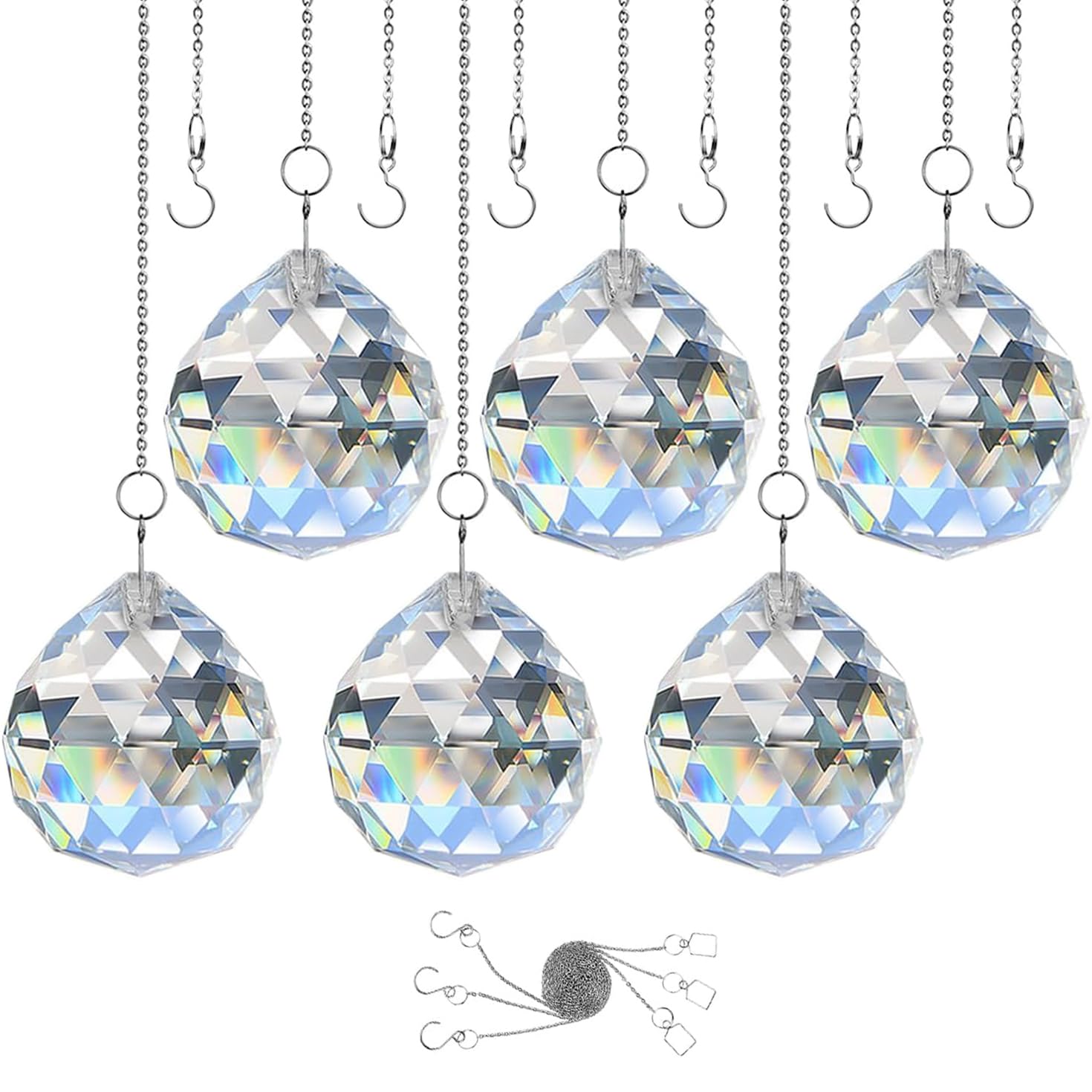 Sun Catcher with Chain & Hook for Easy Hanging - 6 Pack 50mm Rainbow Maker Prism, Crystal Ball Glass Beads Pendant for Windows Decoration, DIY Crafts, Gift Idea