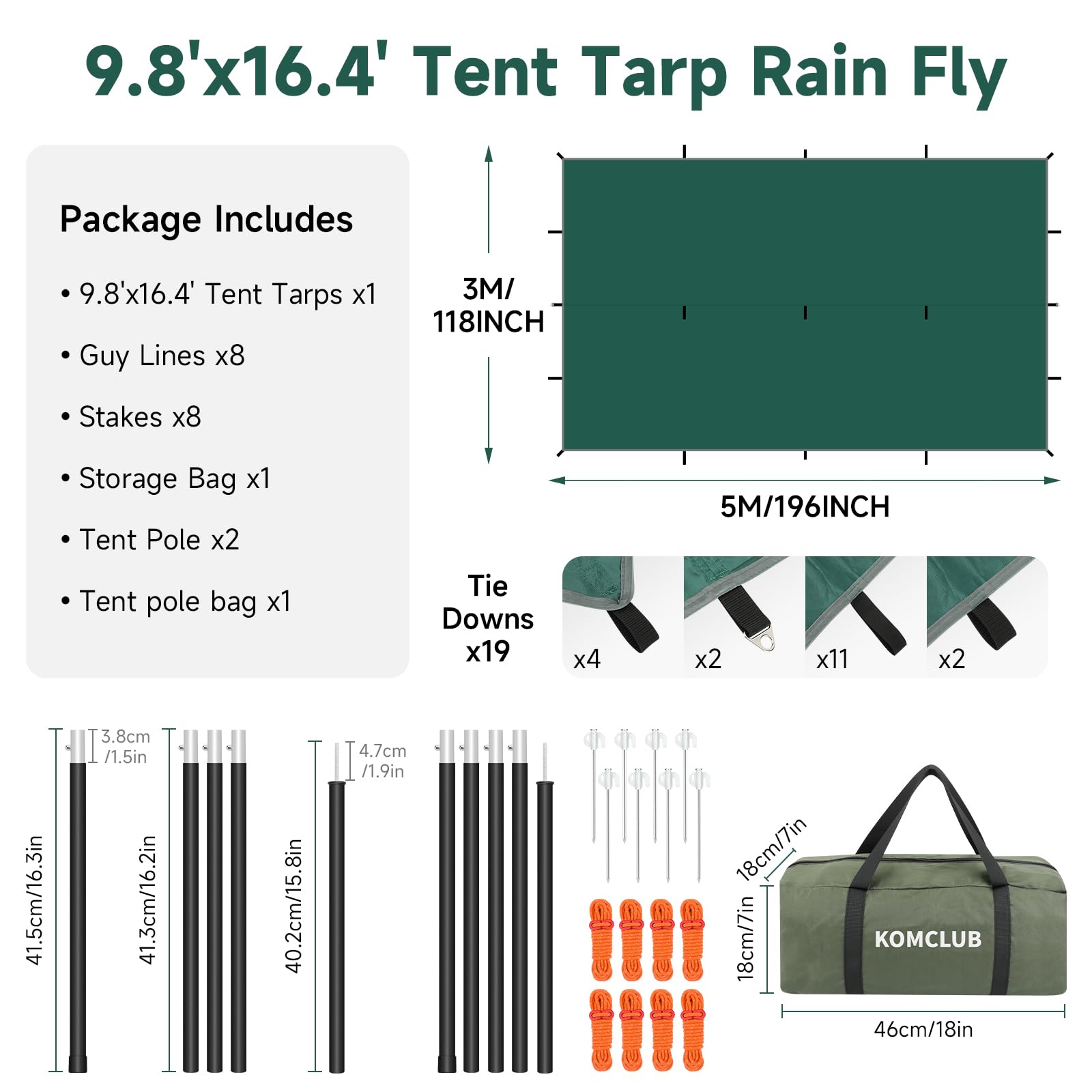 KOMCLUB Camping Tarp with Poles 16x10FT Camping Canopy Rain Fly Waterproof Tent Tarp Extra Large UV Resistant Mutifunctional Tent Footprint Lightweight Tarp for Camping, Hiking and Survival Shelter