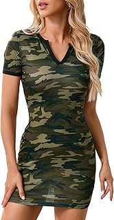 Women's Camo Print Short Sleeve Tshirt Dress Notch V Neck Slim Fitted Bodycon Pencil Short Dresses - Buy now