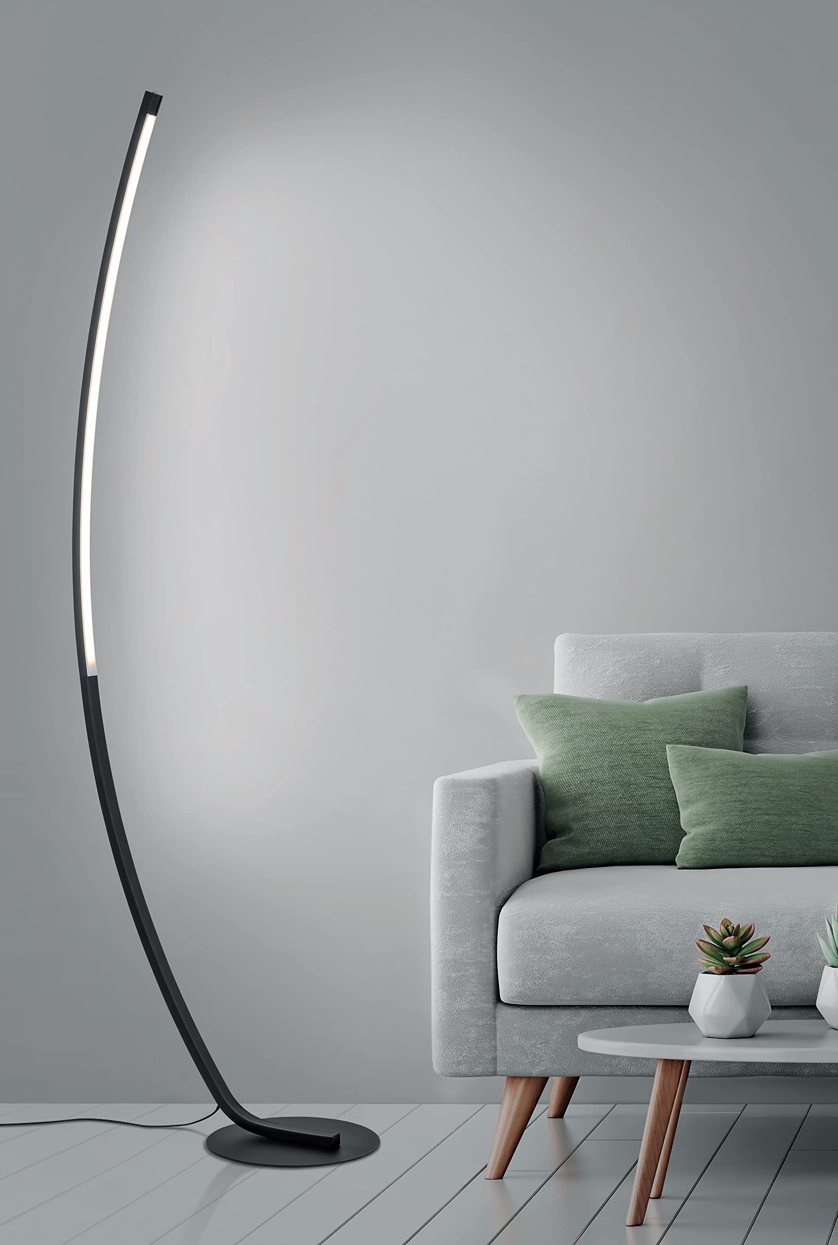 Trango 1525A Stufenlos dimmbar Stehlampe in Anthrazit-Optikt 15 Watt – 1300 Lumen – 3000K warmweiß LED Modul Serie *ARC* Höhe: 150cm Standlampe - Wohnzimmer Leuchte mit weißes satiniertes Lampenschirm