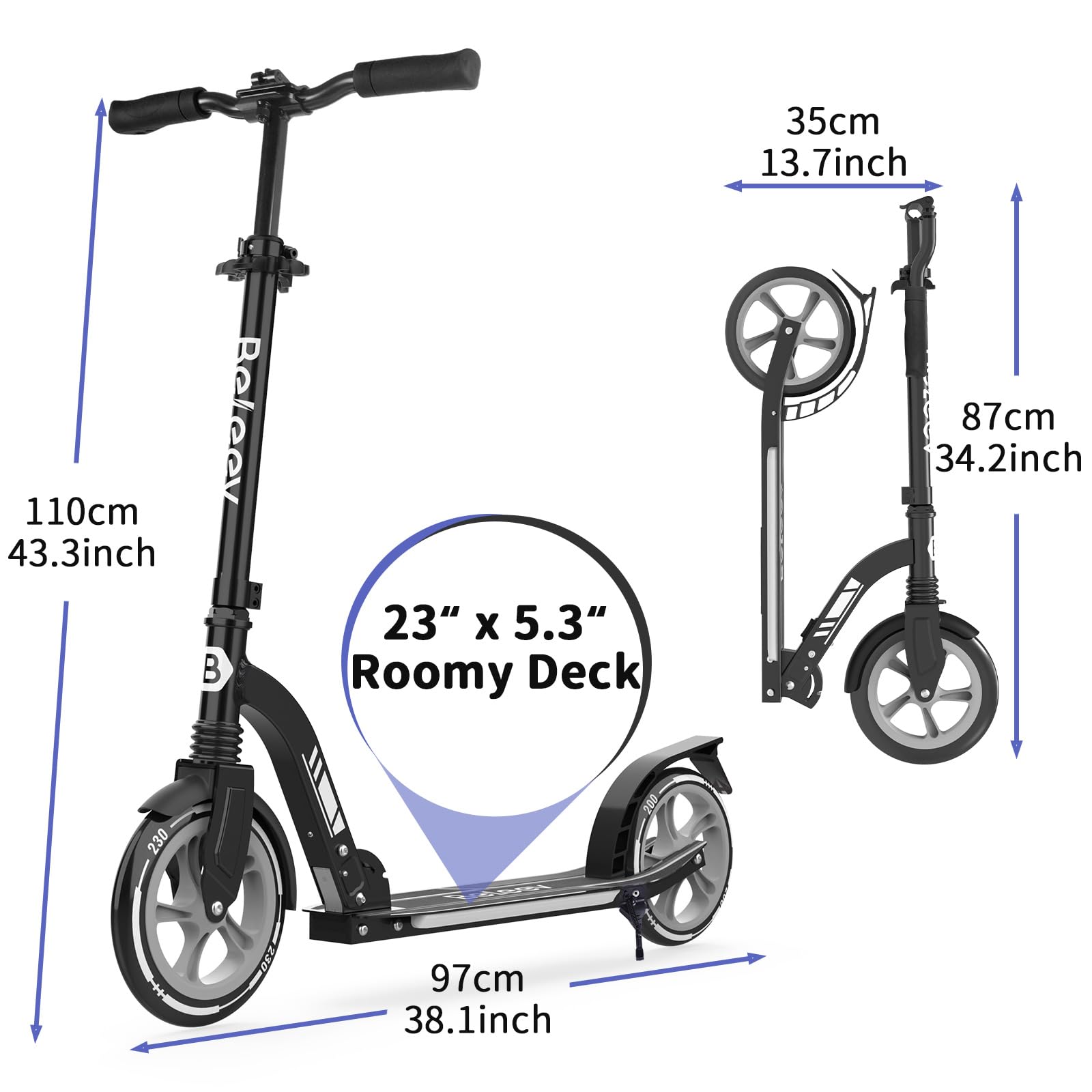 BELEEV Monopattini bambini 2 Ruote Pieghevole con LED Illuminate Deck, Ruote Grandi 230mm, 5 Altezza Regolabile, Cinghia di Trasporto Big Wheels City Scooter per 6+ Bambini e adulti fino 100 kg