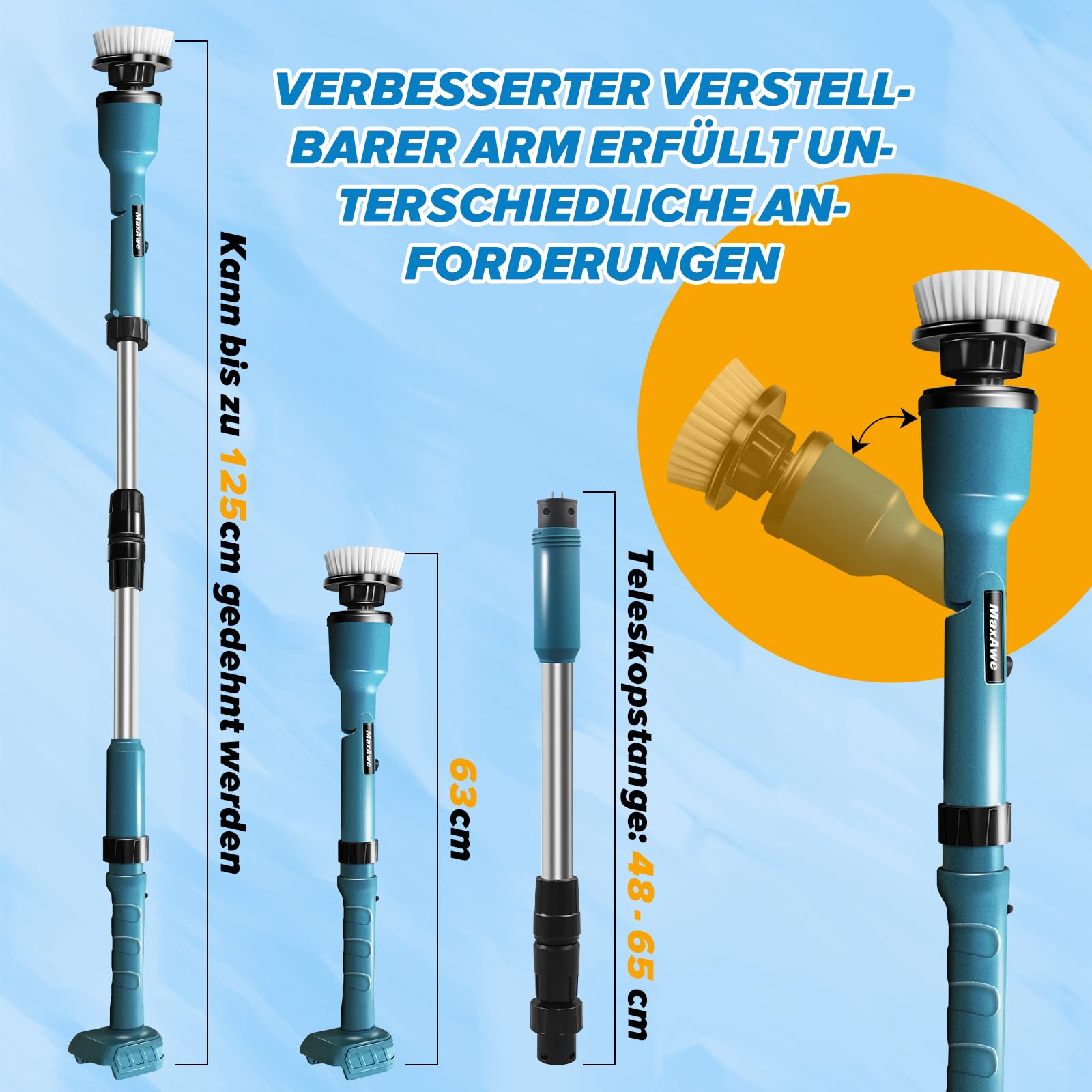 MaxAwe Akumulatorowa szczotka do czyszczenia, kompatybilna z akumulatorem Makita 18 V, 360°, bezprzewodowa, 63-120 cm, rozciągliwa szczotka do czyszczenia z 8 wymiennymi głowicami szczotki, do