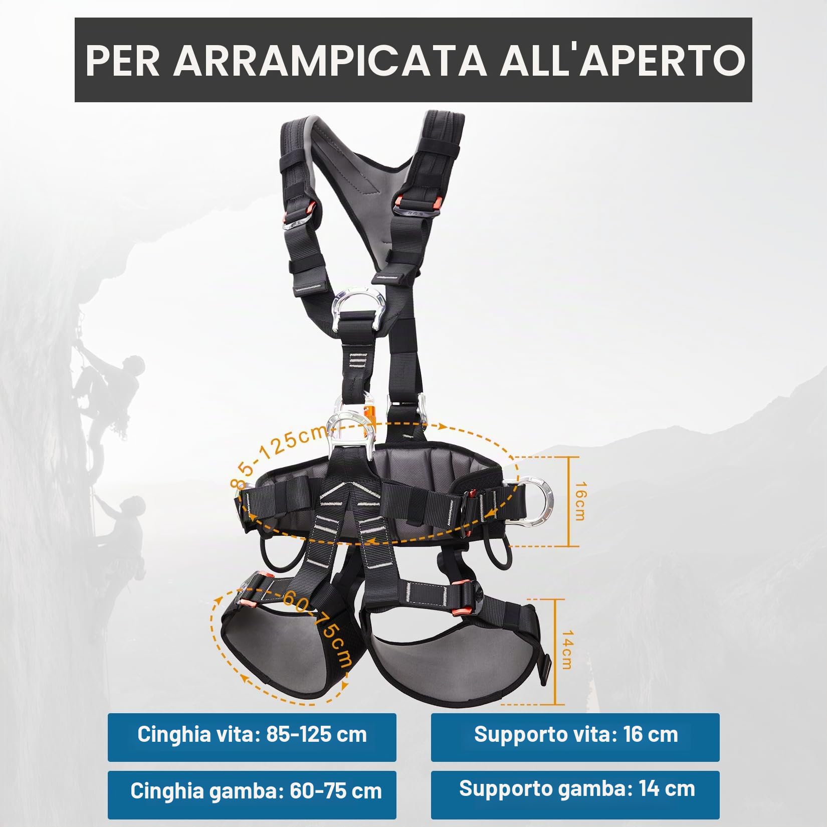 Imbracatura Integrale per Arrampicata SOB Certificata CE, Cintura di Sicurezza Regolabile con Vita Sganciabile per Alpinismo, Arrampicata su Roccia, Discesa in Corda Doppia, Soccorso Antincendio, Tree