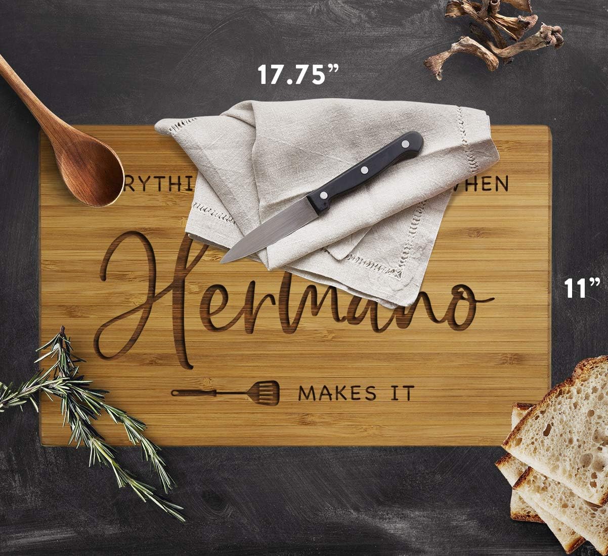 Andaz Press Large Bamboo Wood BBQ Cutting Board Gift, 17.75 x 11-inch, Everything Tastes Better When Hermano Makes It, 1-Pack, Engraved Serving Chopping Board Christmas Birthday Chef Kitchen Ideas