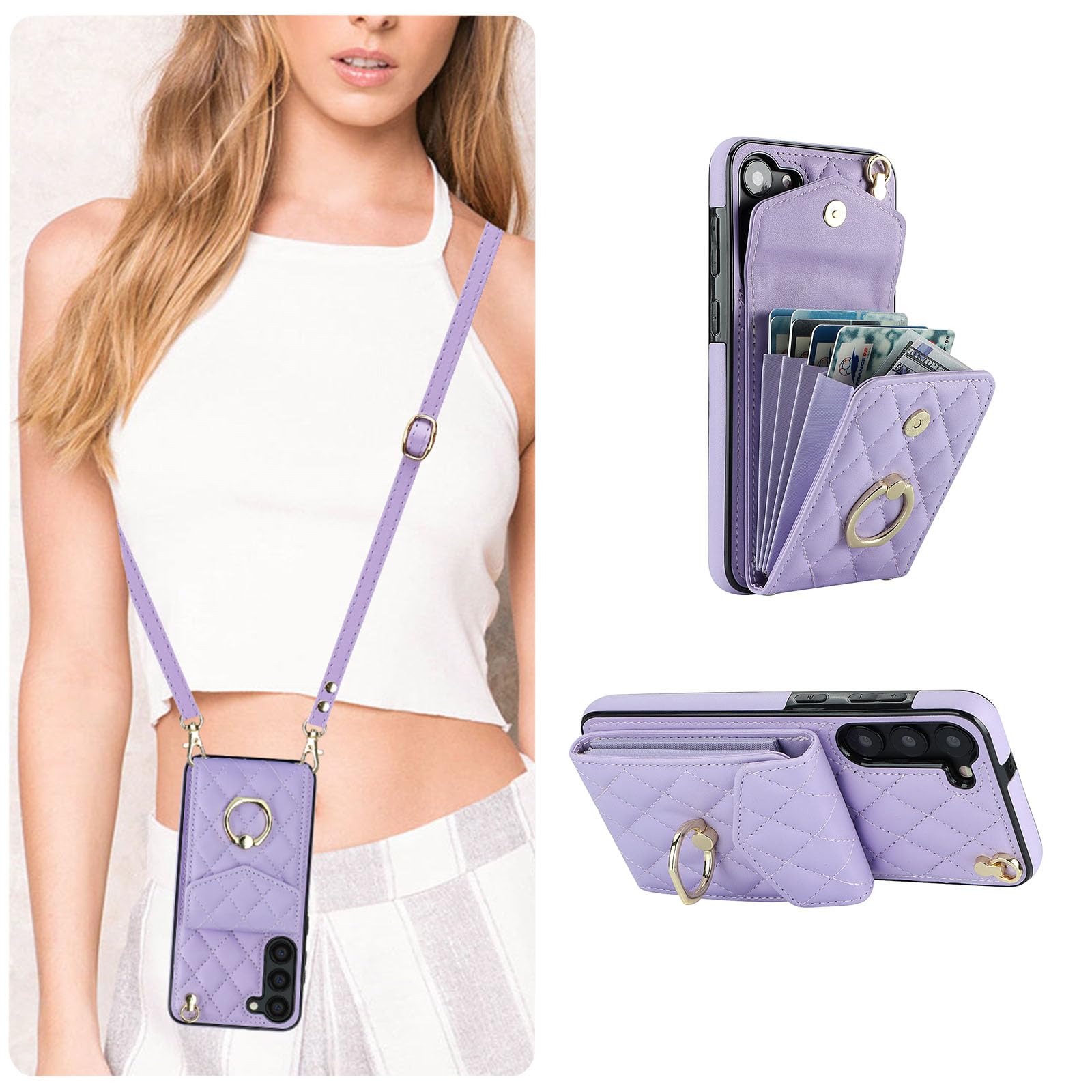 QLTYPRI Crossbody Wallet Case for Samsung Galaxy S24, PU Leather Phone Case with RFID Blocking Card Slots Holder Ring Kickstand Wrist Strap Lanyard